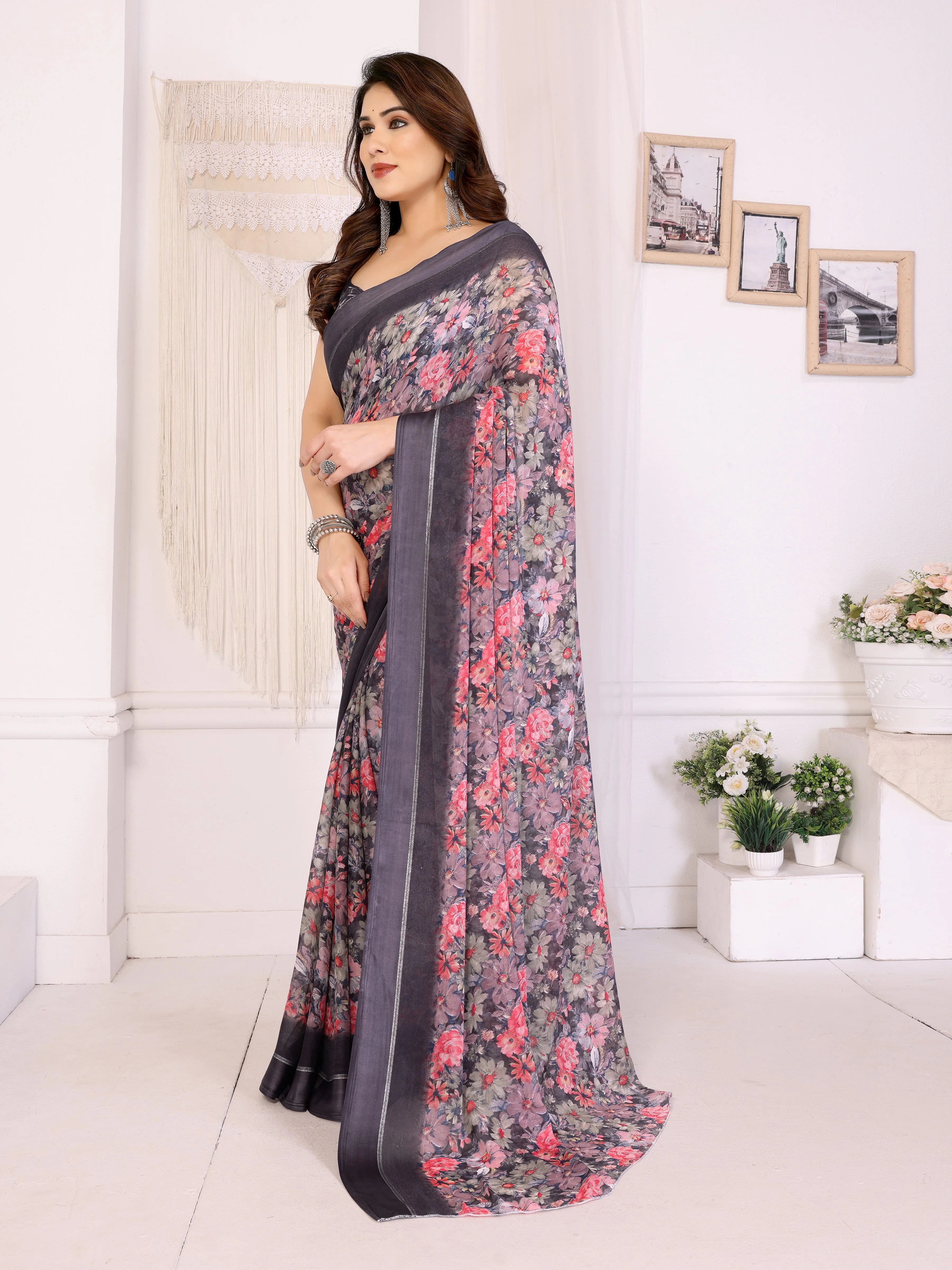 SHYAMIKA Moss Satin Patta Georgette Floral Printed Saree with Blouse