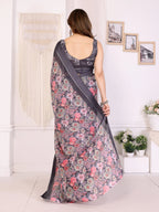 SHYAMIKA Moss Satin Patta Georgette Floral Printed Saree with Blouse