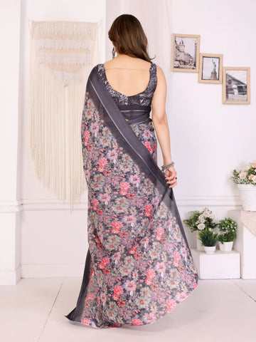 SHYAMIKA Moss Satin Patta Georgette Floral Printed Saree with Blouse