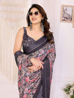 SHYAMIKA Moss Satin Patta Georgette Floral Printed Saree with Blouse