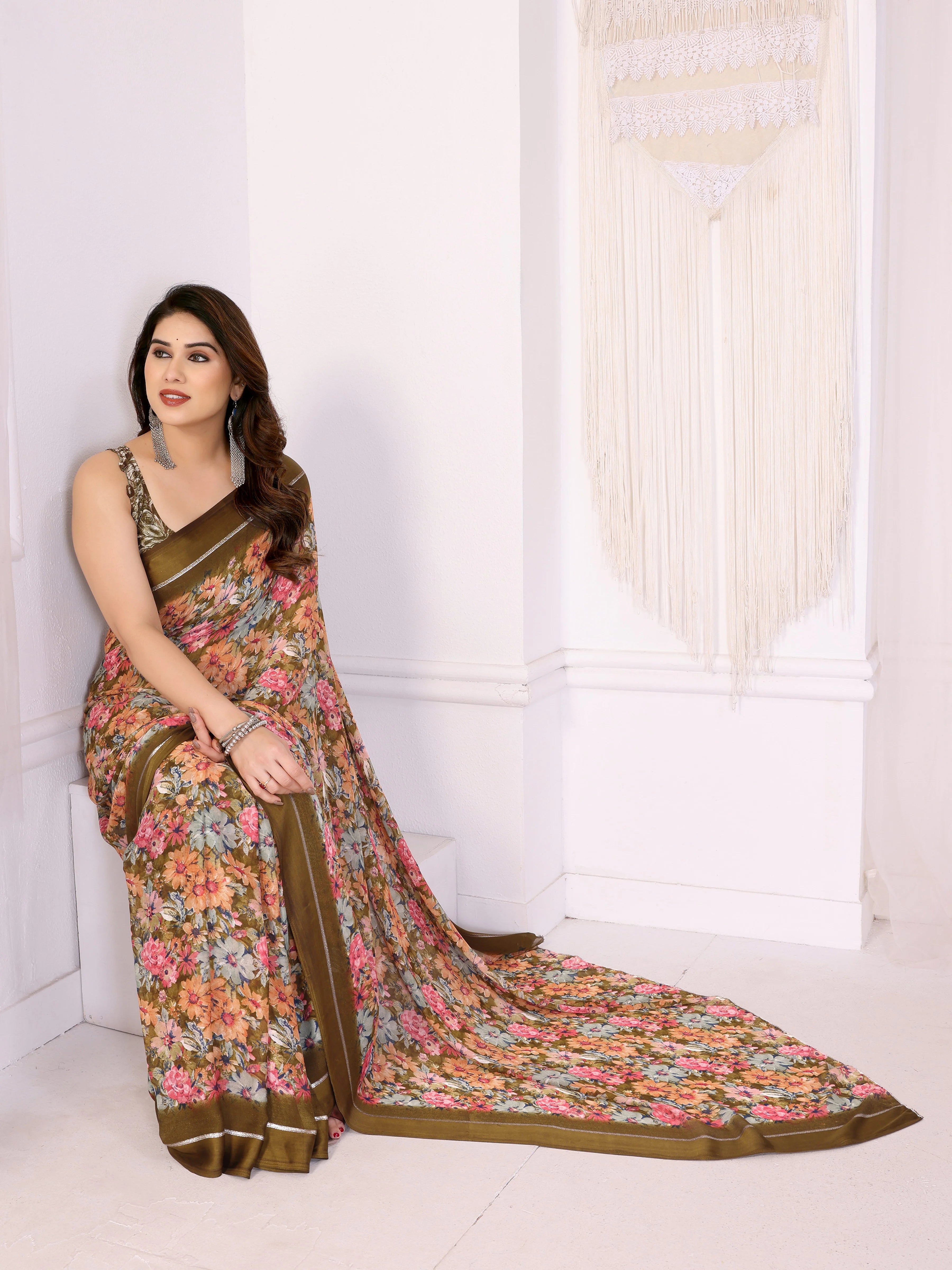 SHYAMIKA Moss Satin Patta Georgette Floral Printed Saree with Blouse