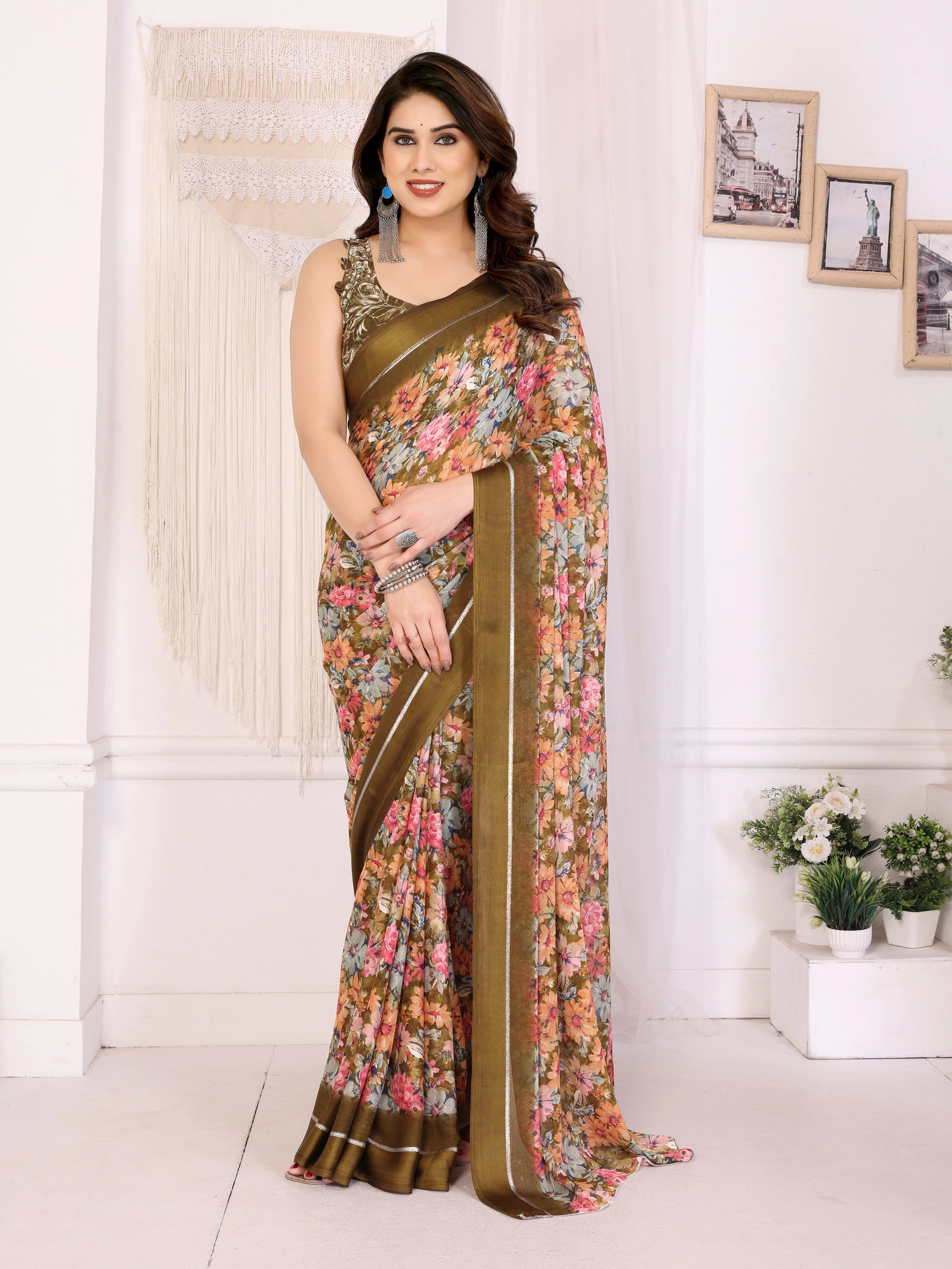 SHYAMIKA Moss Satin Patta Georgette Floral Printed Saree with Blouse