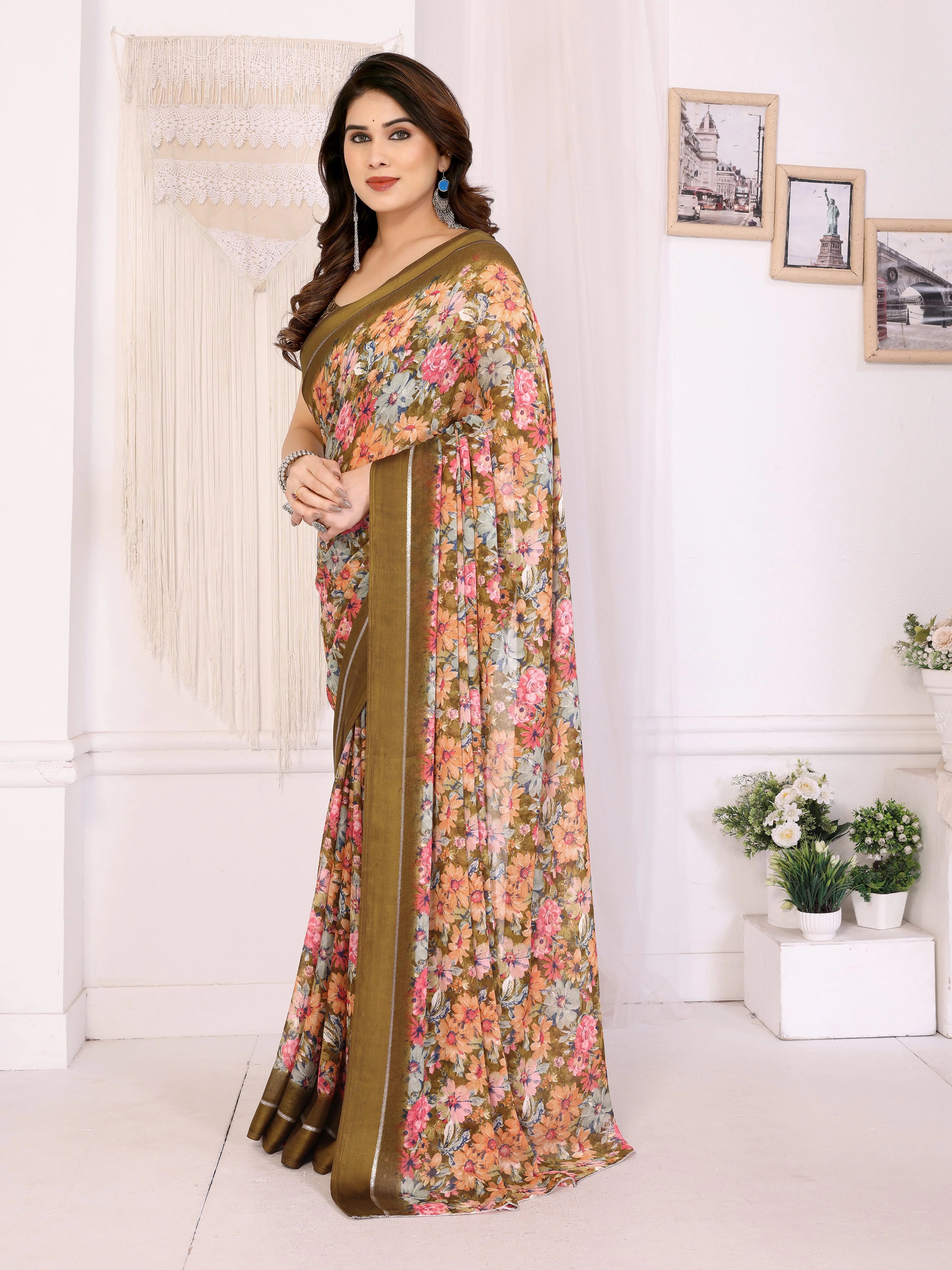 SHYAMIKA Moss Satin Patta Georgette Floral Printed Saree with Blouse
