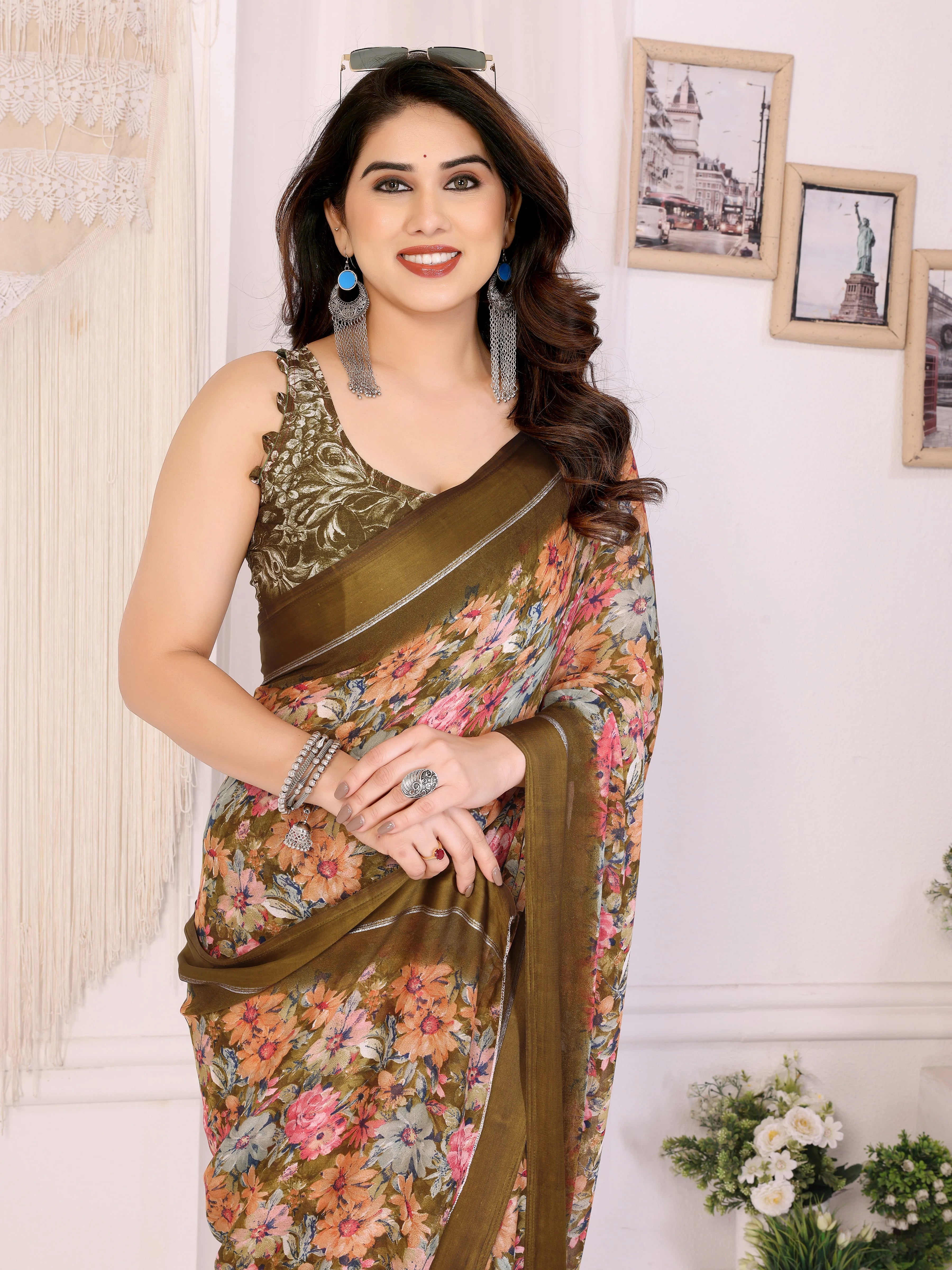SHYAMIKA Moss Satin Patta Georgette Floral Printed Saree with Blouse