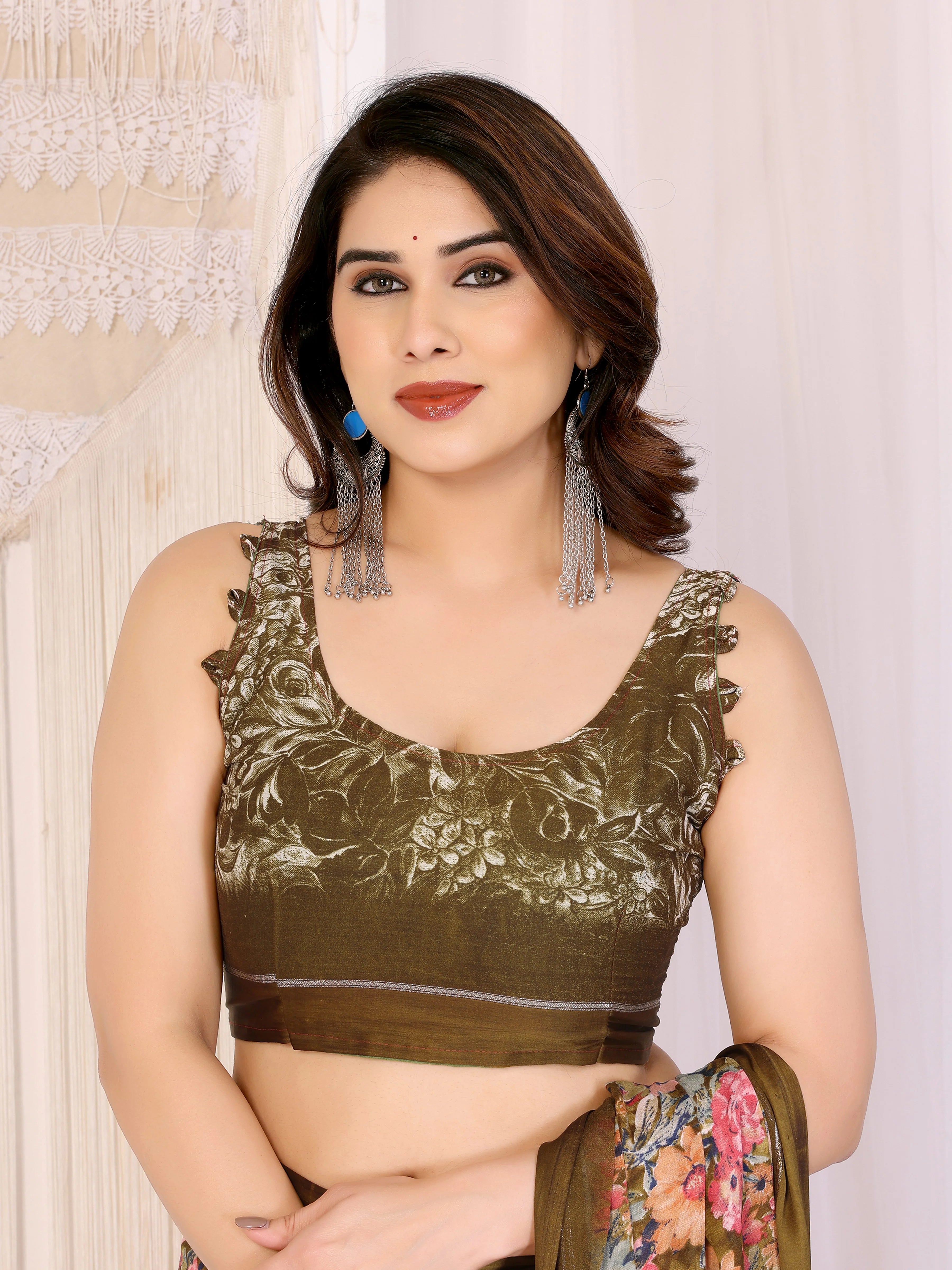 SHYAMIKA Moss Satin Patta Georgette Floral Printed Saree with Blouse