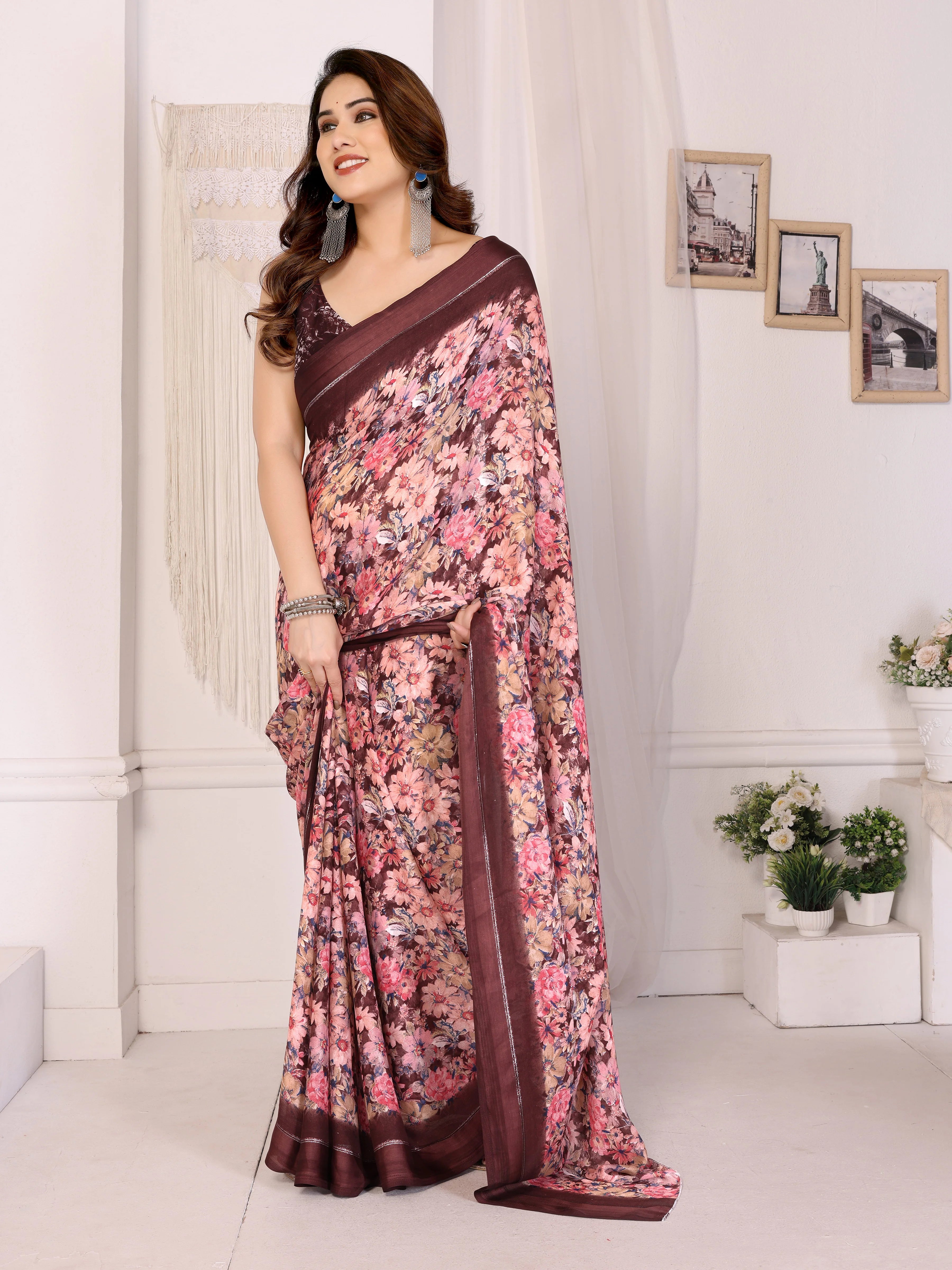 SHYAMIKA Moss Satin Patta Georgette Floral Printed Saree with Blouse