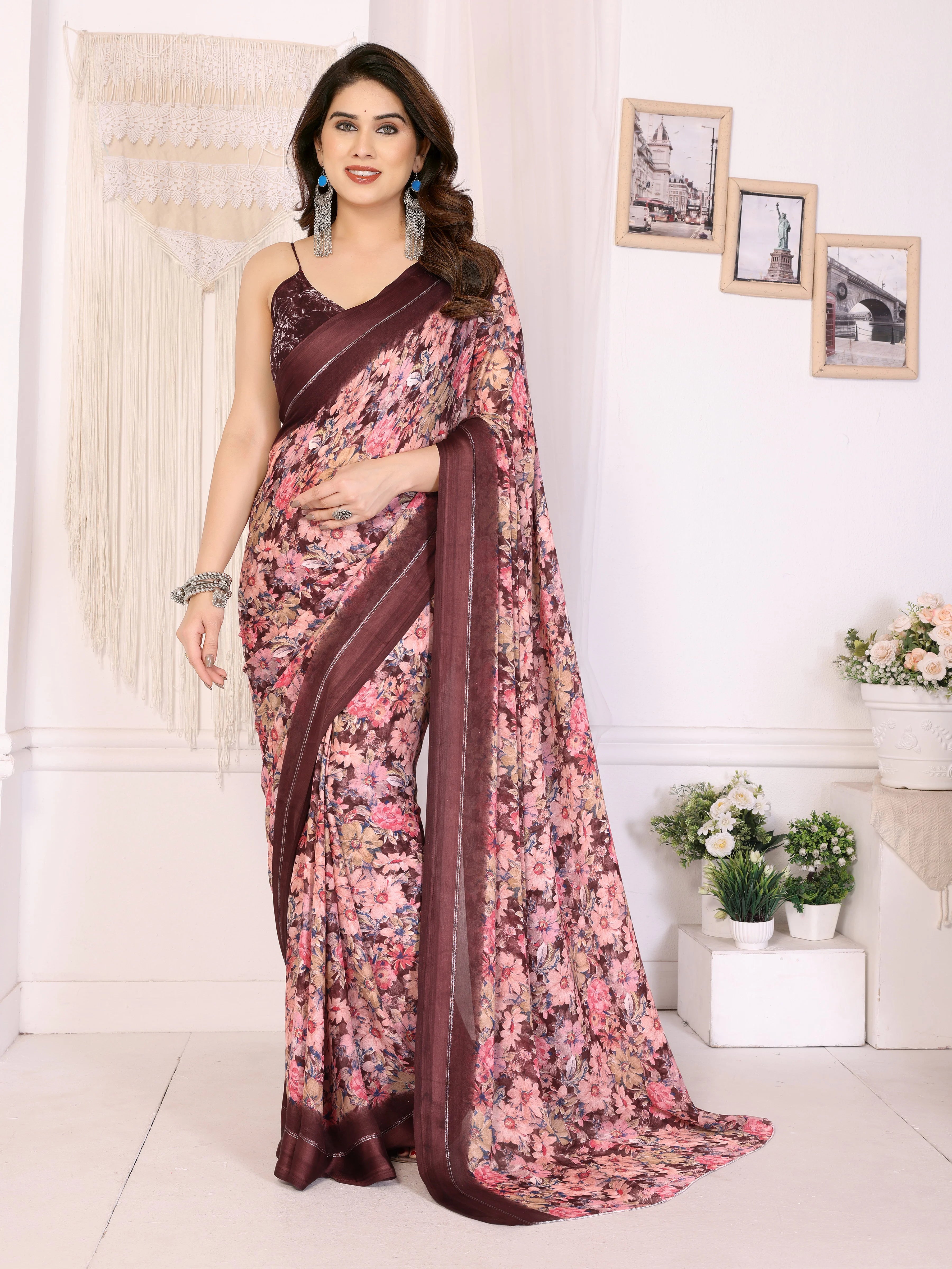 SHYAMIKA Moss Satin Patta Georgette Floral Printed Saree with Blouse