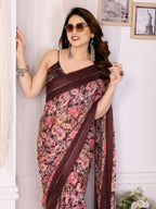 SHYAMIKA Moss Satin Patta Georgette Floral Printed Saree with Blouse