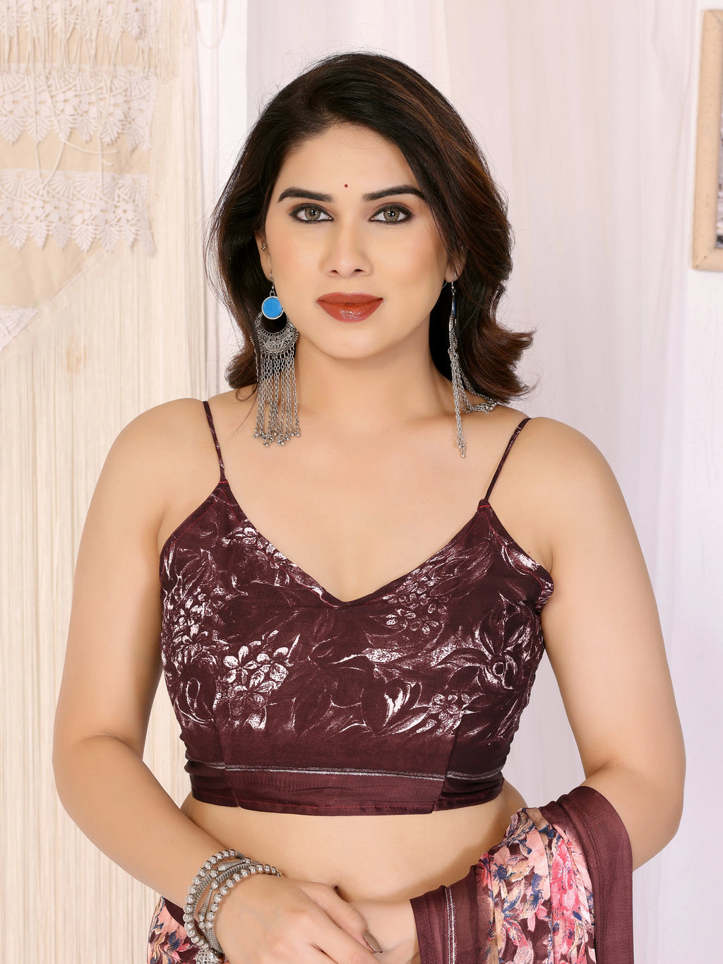 SHYAMIKA Moss Satin Patta Georgette Floral Printed Saree with Blouse