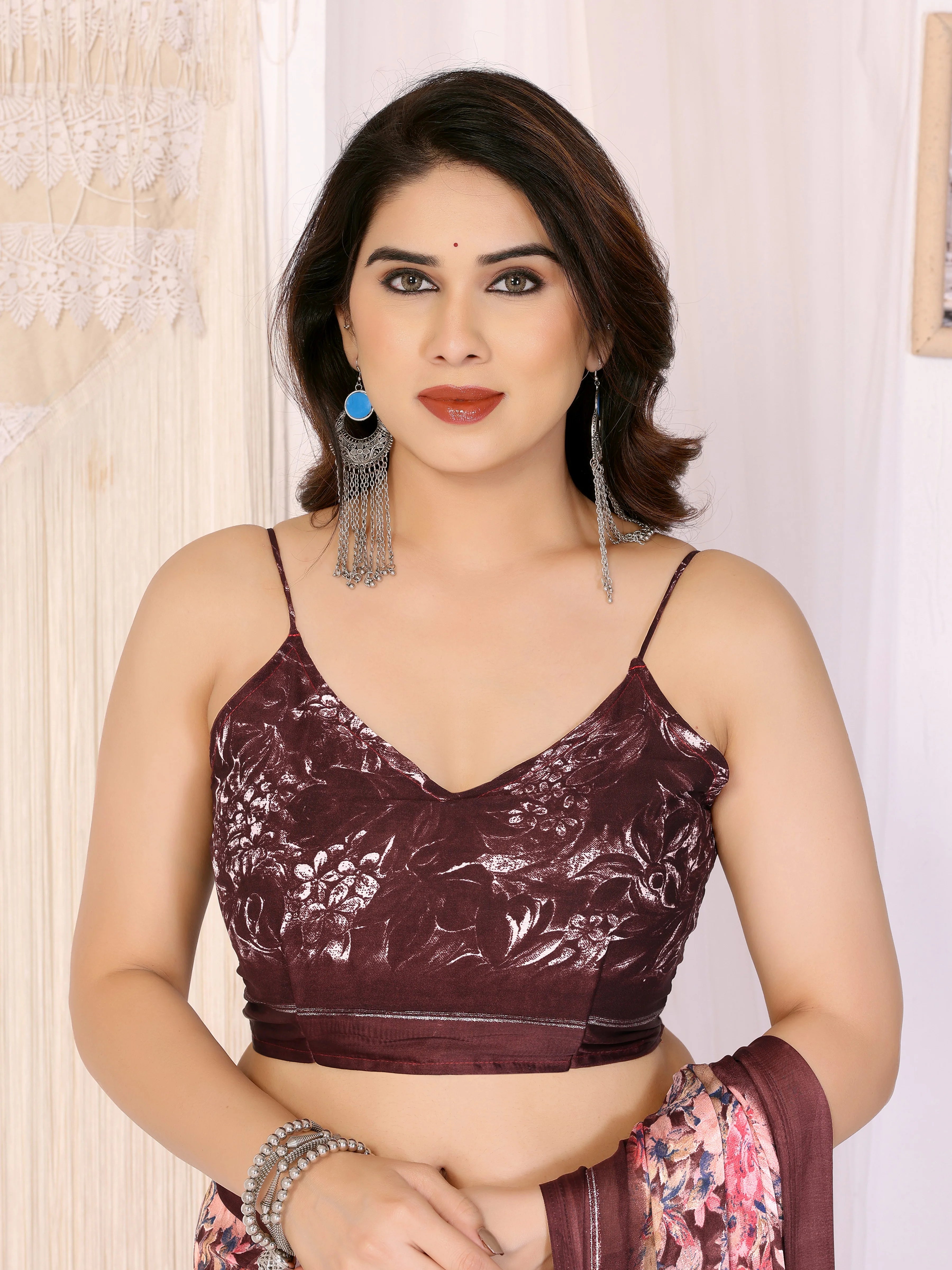 SHYAMIKA Moss Satin Patta Georgette Floral Printed Saree with Blouse