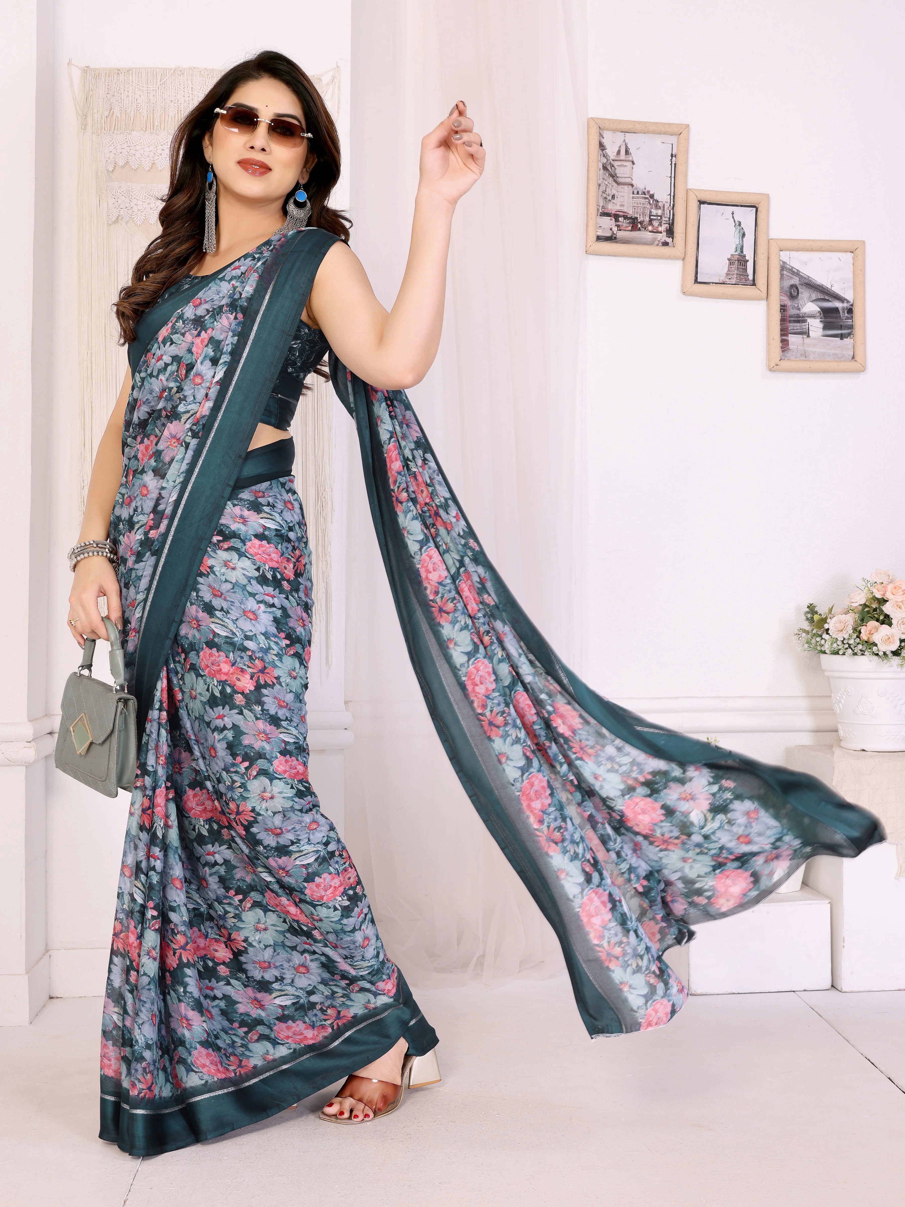 SHYAMIKA Moss Satin Patta Georgette Floral Printed Saree with Blouse