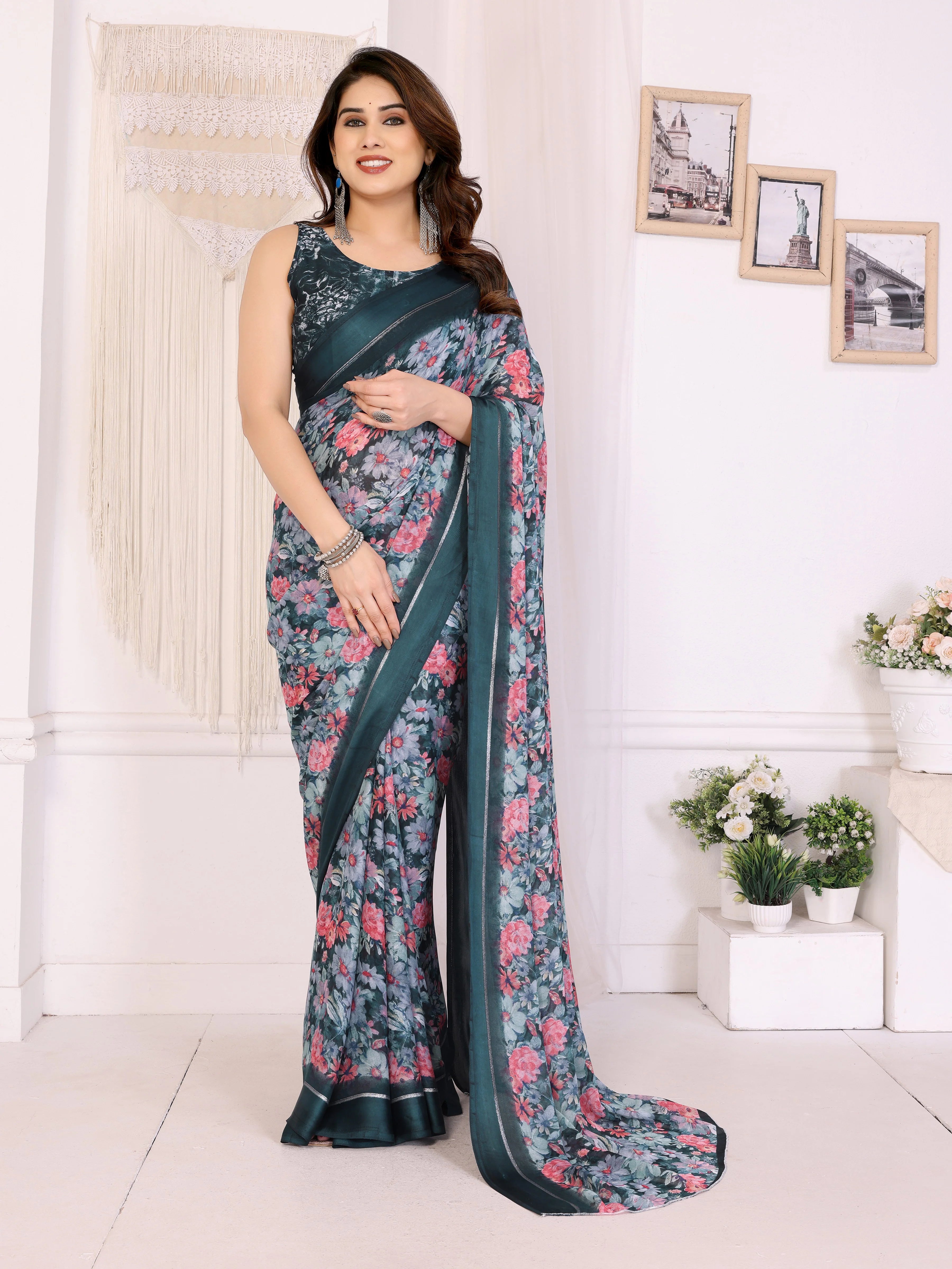 SHYAMIKA Moss Satin Patta Georgette Floral Printed Saree with Blouse