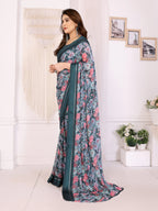 SHYAMIKA Moss Satin Patta Georgette Floral Printed Saree with Blouse