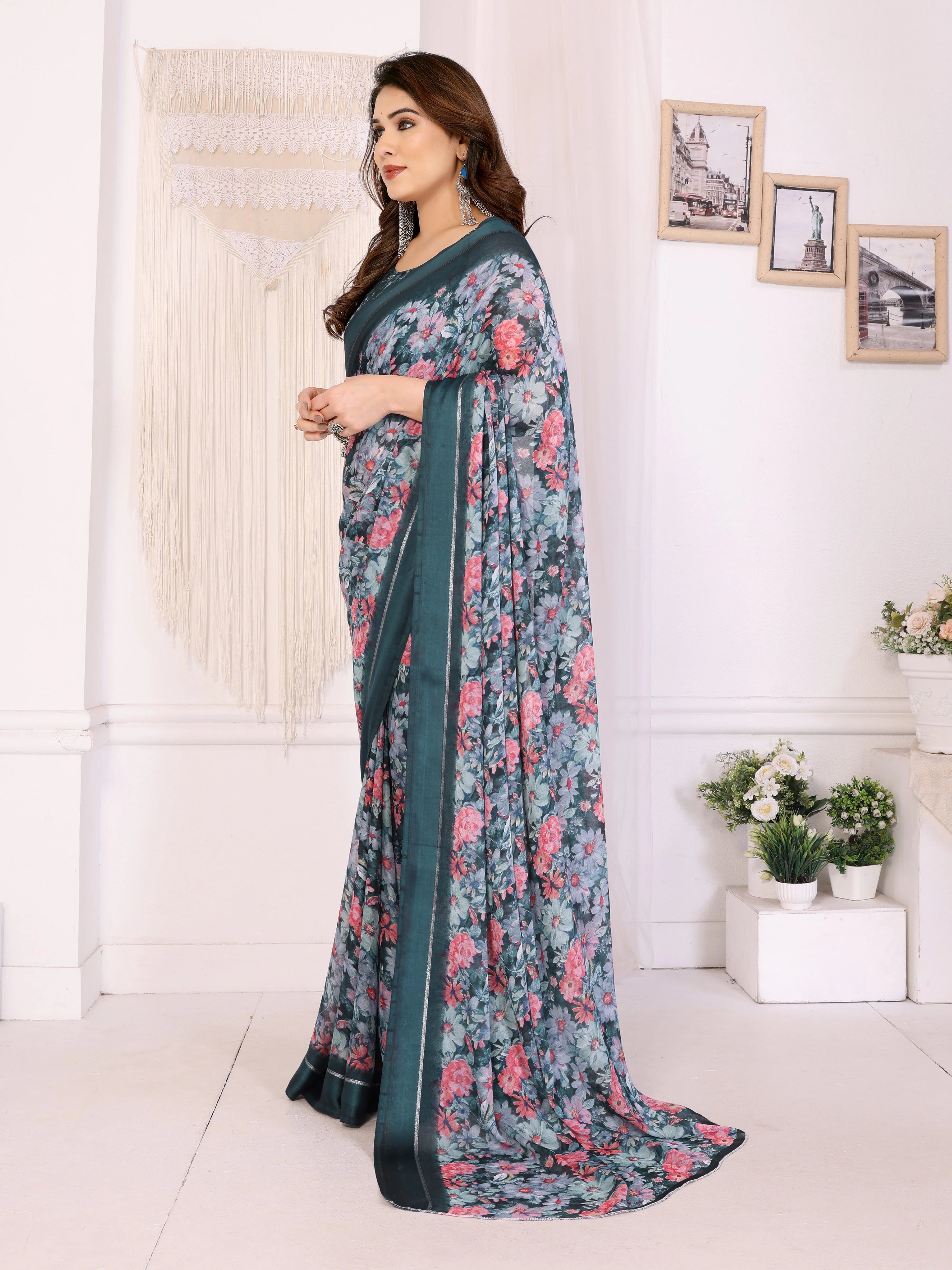 SHYAMIKA Moss Satin Patta Georgette Floral Printed Saree with Blouse