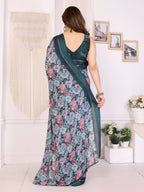 SHYAMIKA Moss Satin Patta Georgette Floral Printed Saree with Blouse