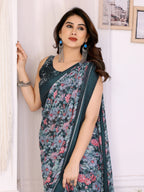 SHYAMIKA Moss Satin Patta Georgette Floral Printed Saree with Blouse