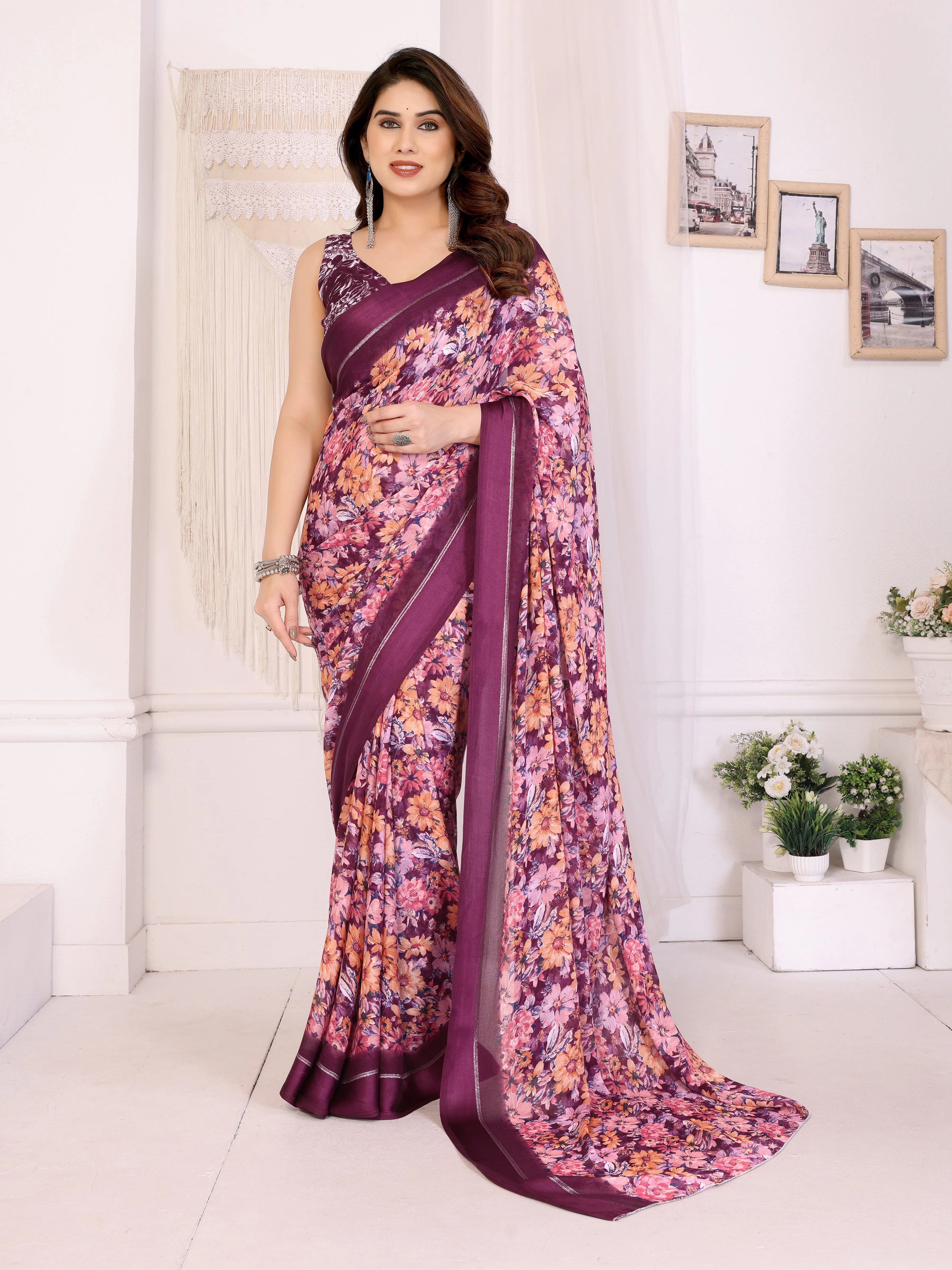 SHYAMIKA Moss Satin Patta Georgette Floral Printed Saree with Blouse
