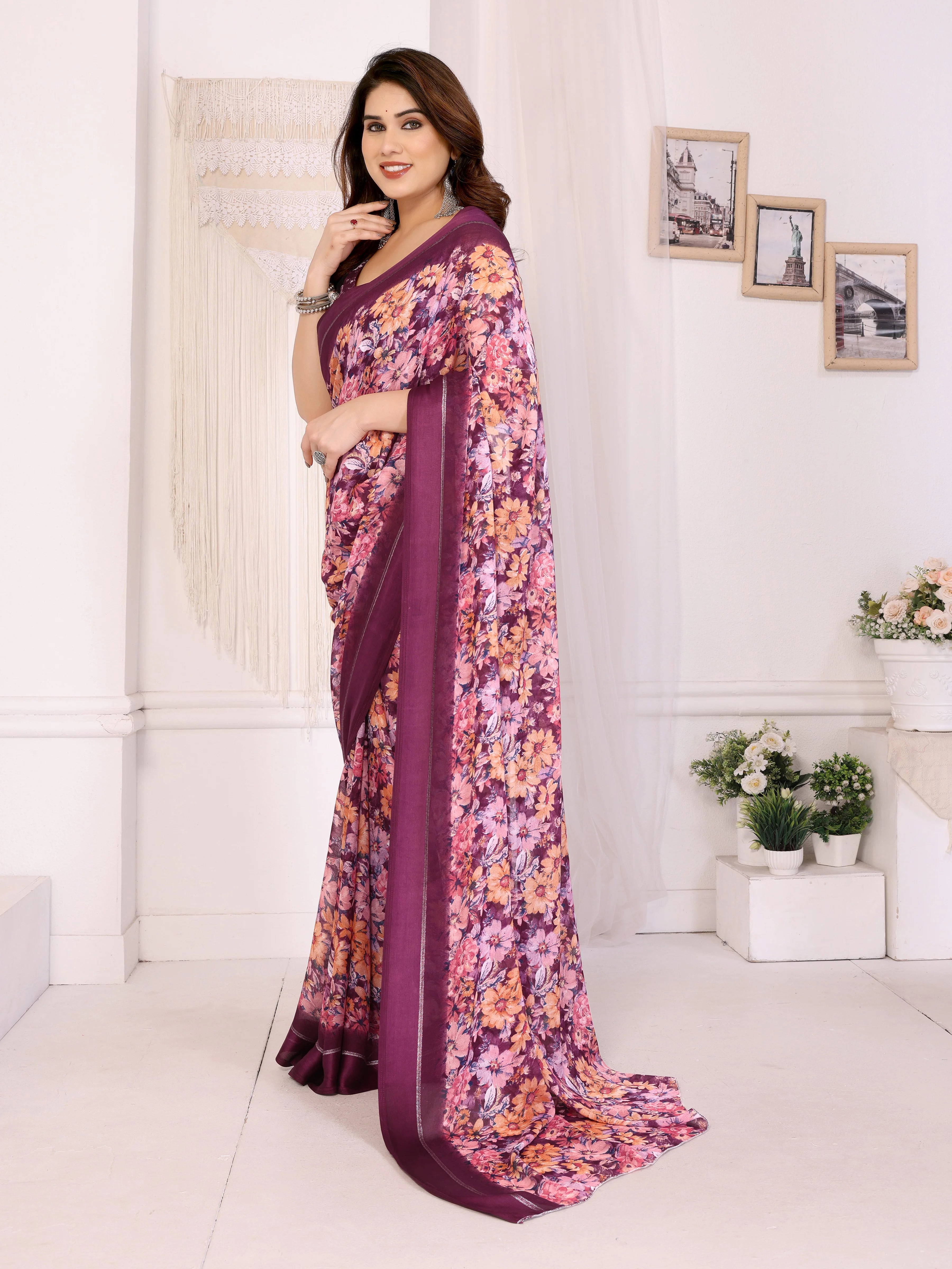 SHYAMIKA Moss Satin Patta Georgette Floral Printed Saree with Blouse