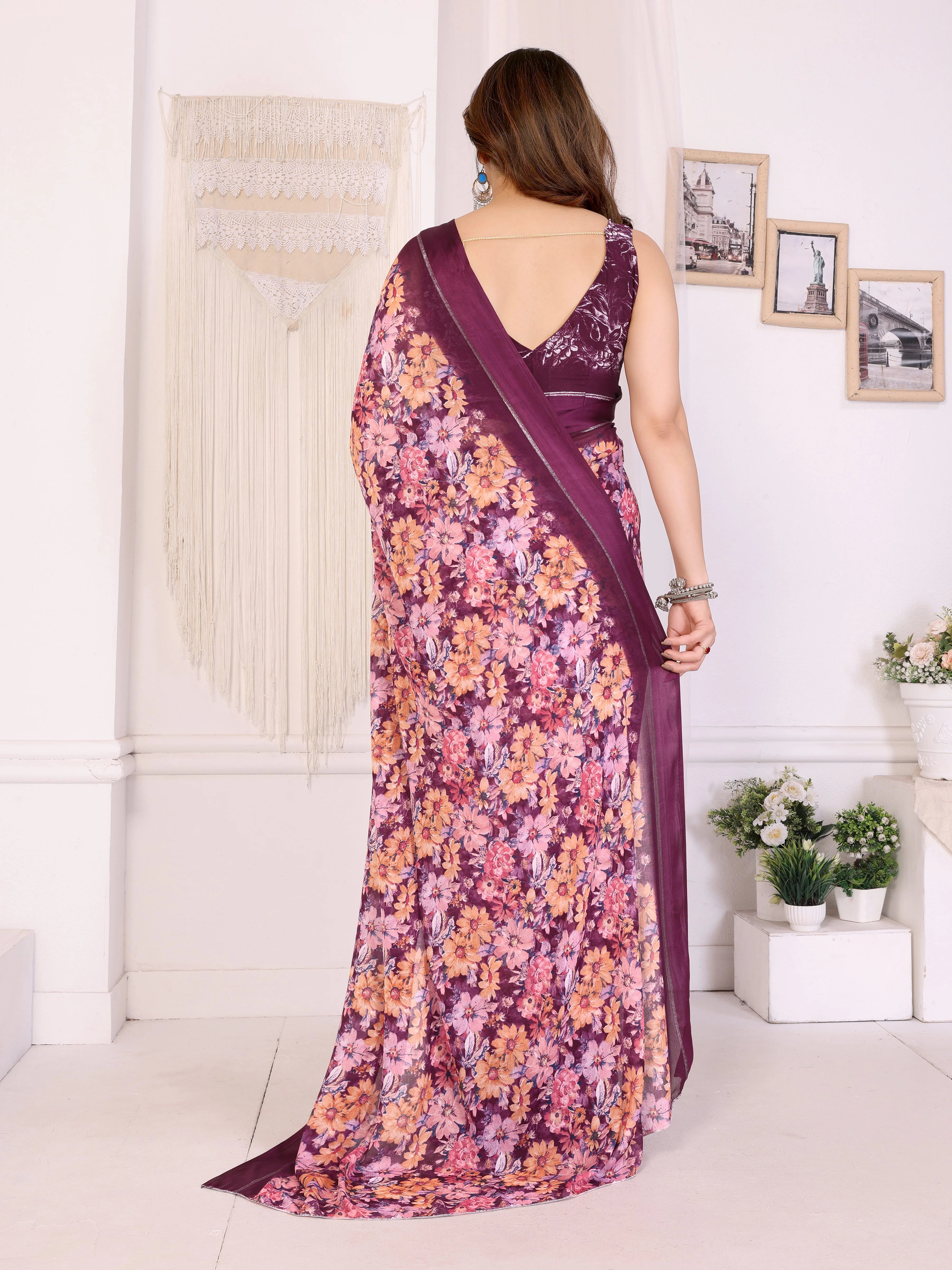SHYAMIKA Moss Satin Patta Georgette Floral Printed Saree with Blouse