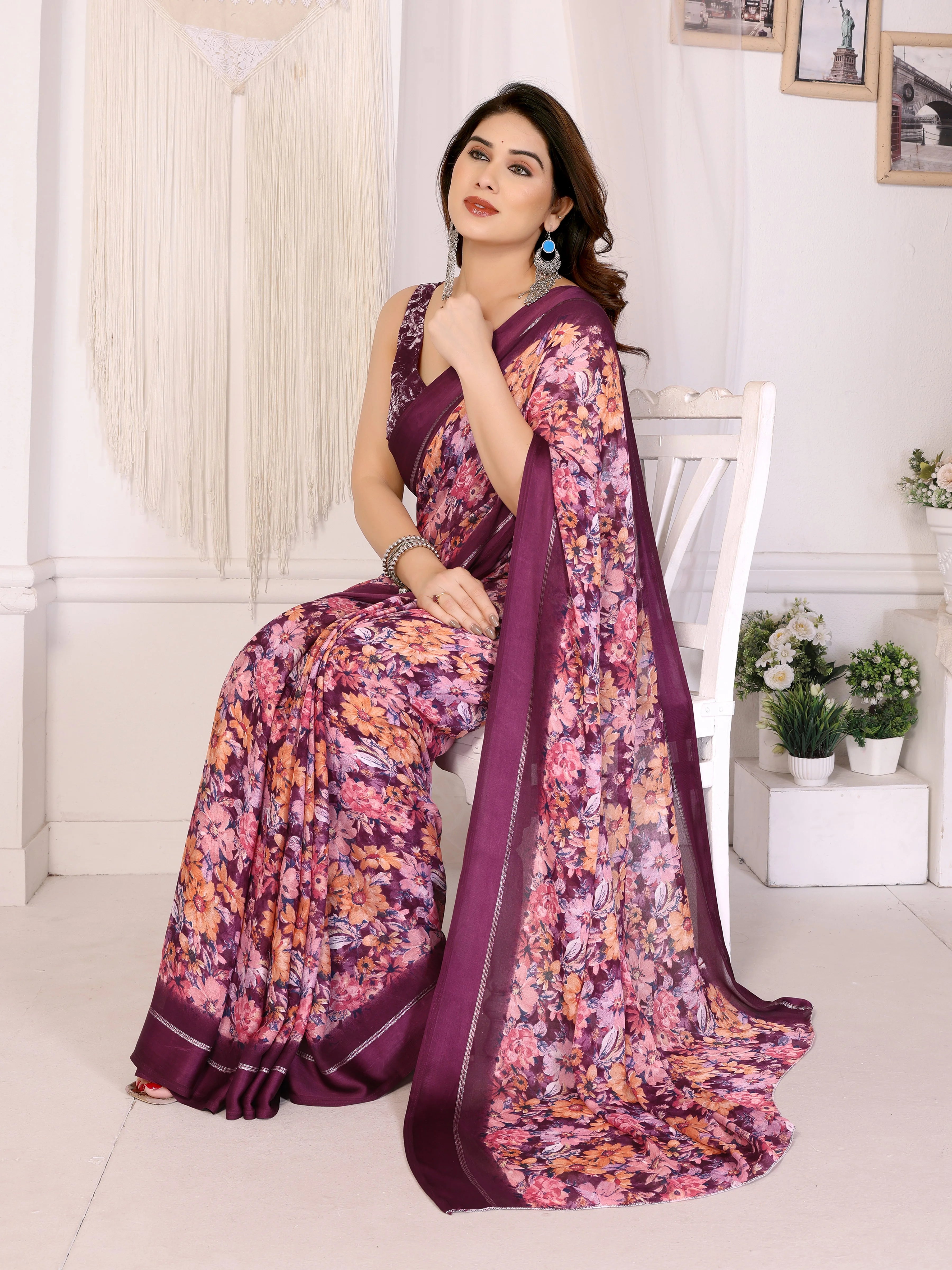 SHYAMIKA Moss Satin Patta Georgette Floral Printed Saree with Blouse