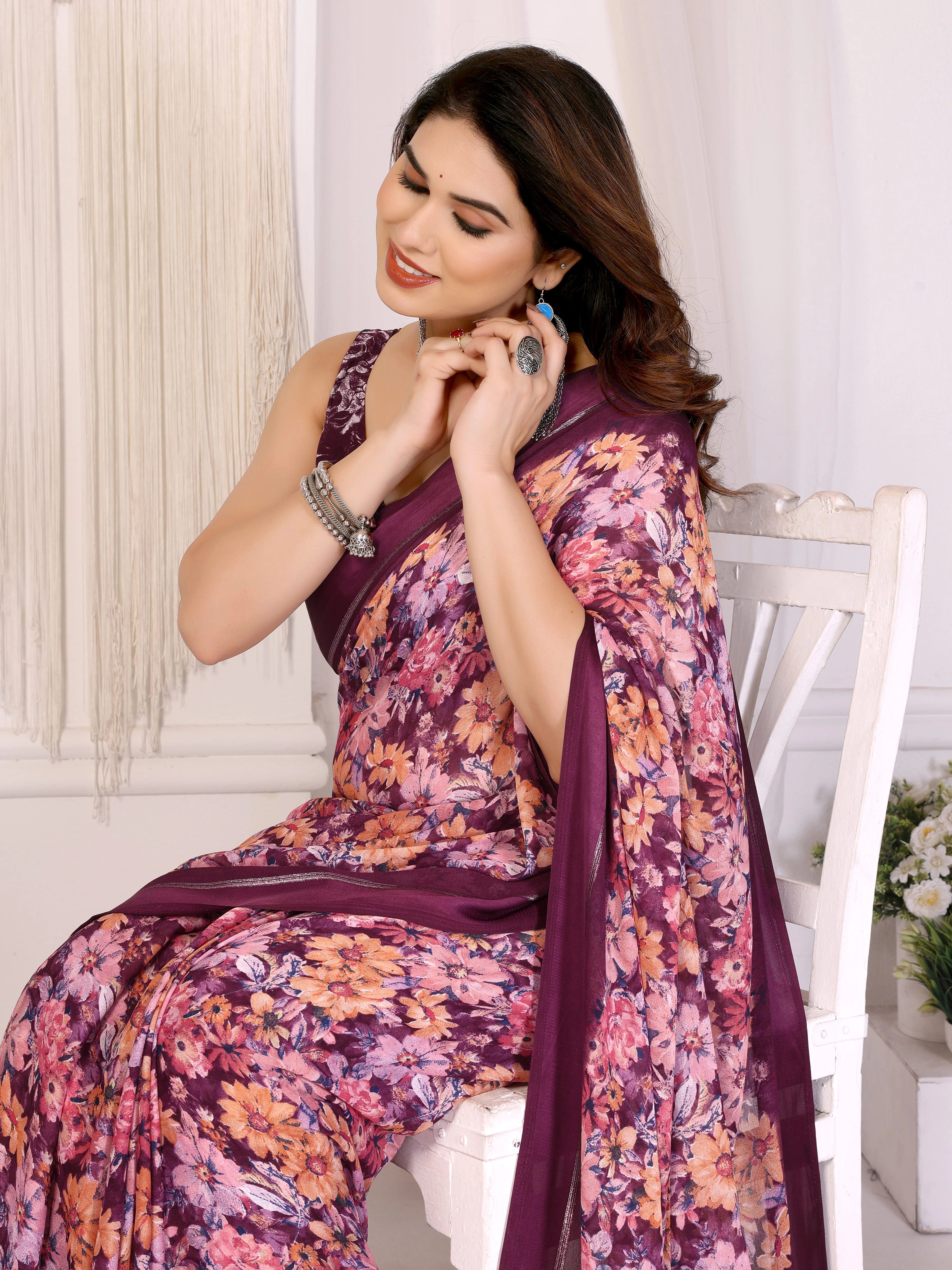 SHYAMIKA Moss Satin Patta Georgette Floral Printed Saree with Blouse