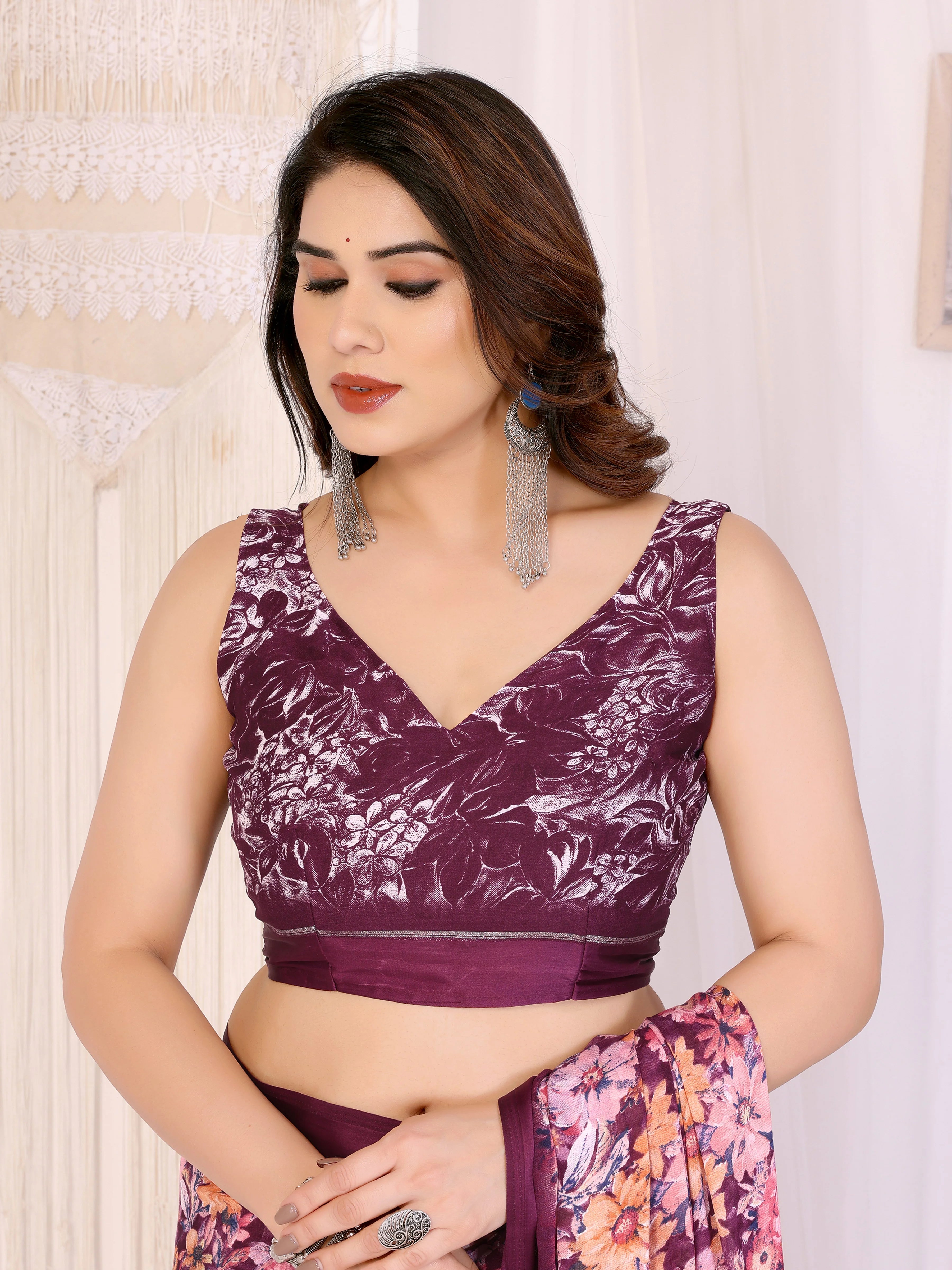 SHYAMIKA Moss Satin Patta Georgette Floral Printed Saree with Blouse