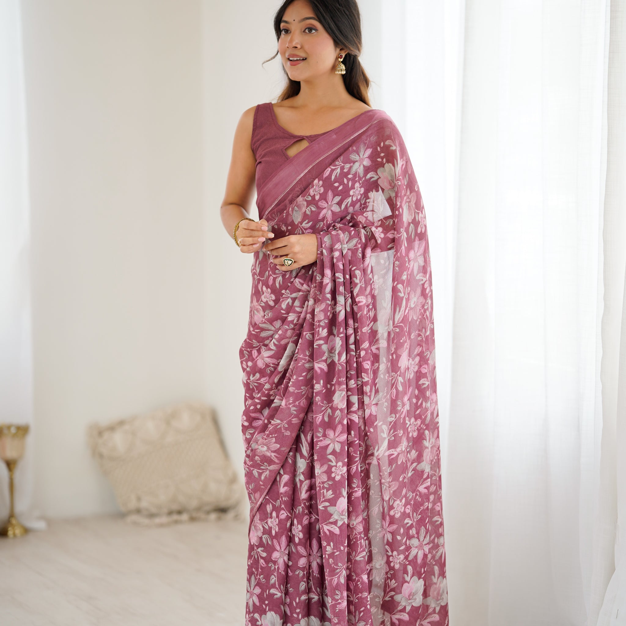 SHYAMIKA Bright Satin Patta Digital Floral Printed Saree with Blouse