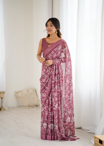SHYAMIKA Bright Satin Patta Digital Floral Printed Saree with Blouse
