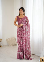 SHYAMIKA Bright Satin Patta Digital Floral Printed Saree with Blouse