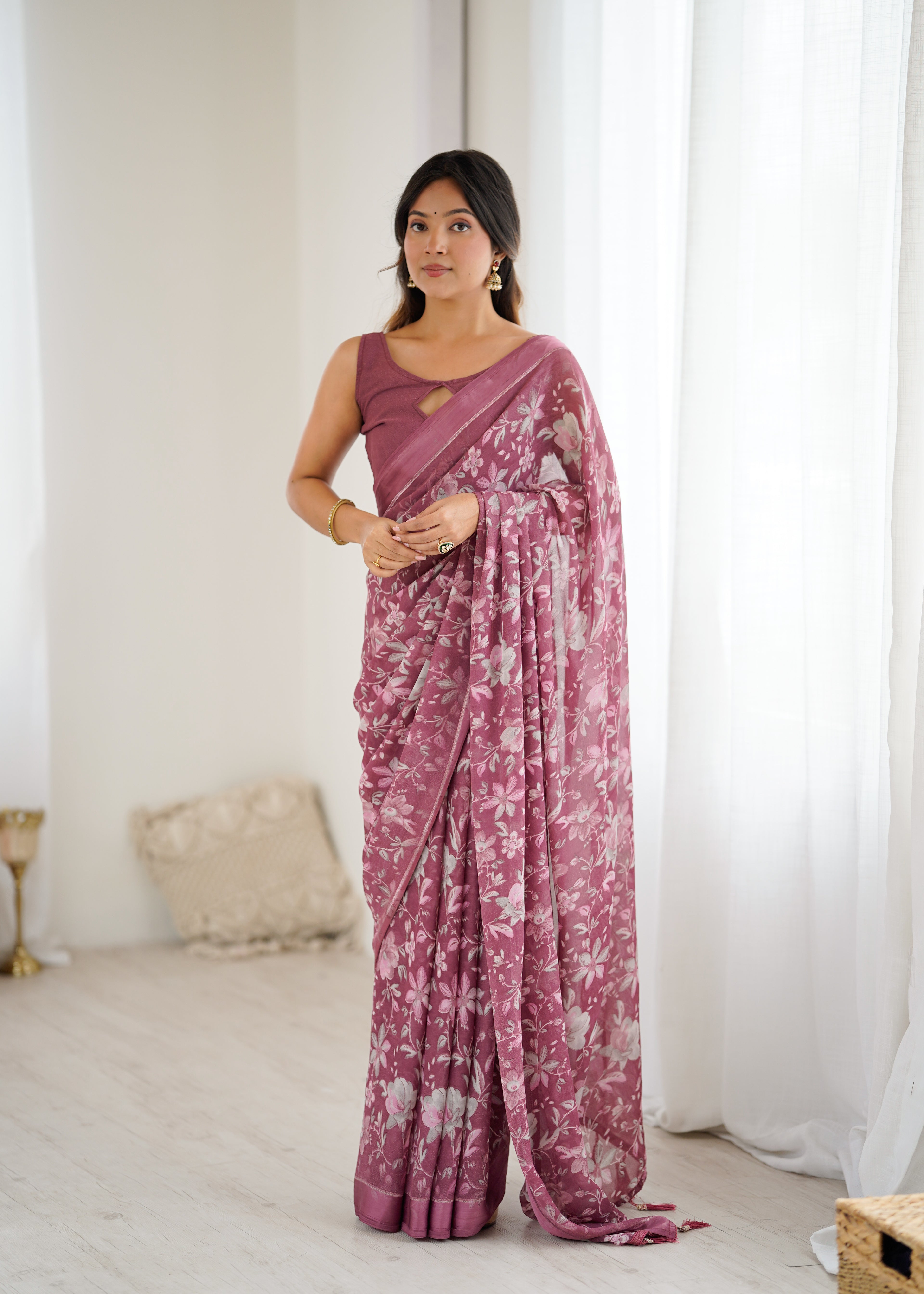 SHYAMIKA Bright Satin Patta Digital Floral Printed Saree with Blouse