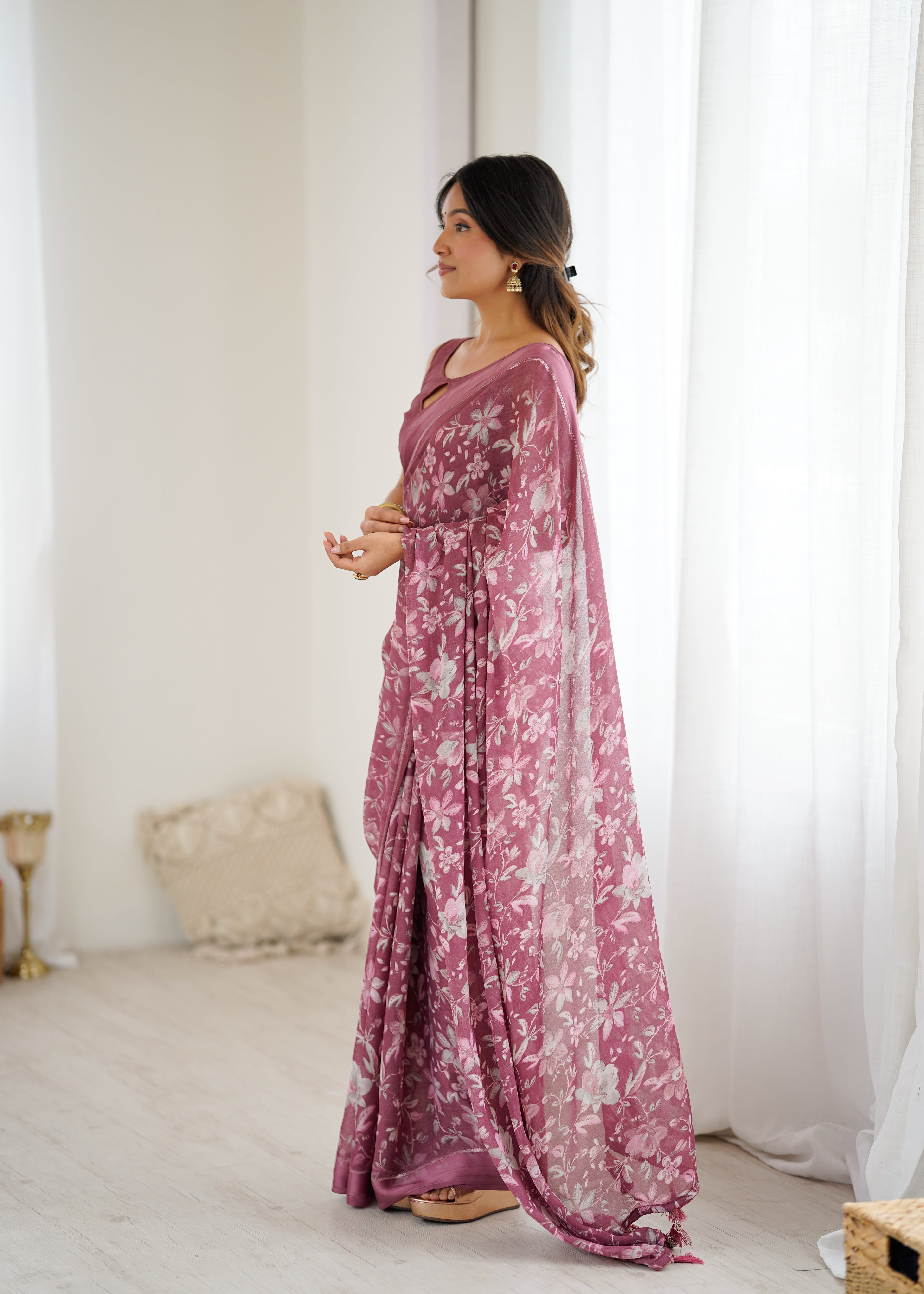 SHYAMIKA Bright Satin Patta Digital Floral Printed Saree with Blouse
