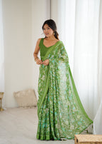 SHYAMIKA Bright Satin Patta Digital Floral Printed Saree with Blouse