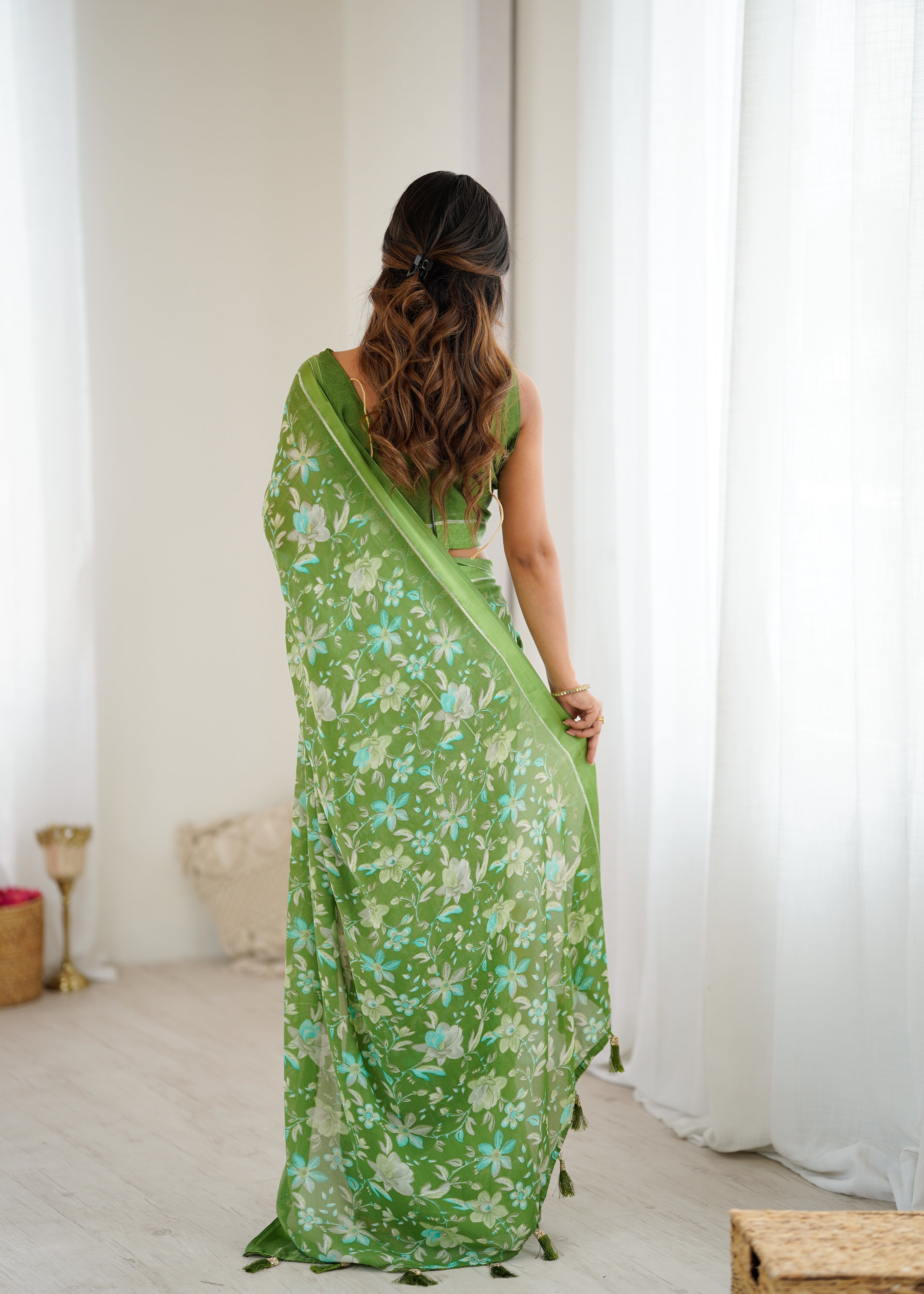 SHYAMIKA Bright Satin Patta Digital Floral Printed Saree with Blouse