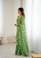 SHYAMIKA Bright Satin Patta Digital Floral Printed Saree with Blouse