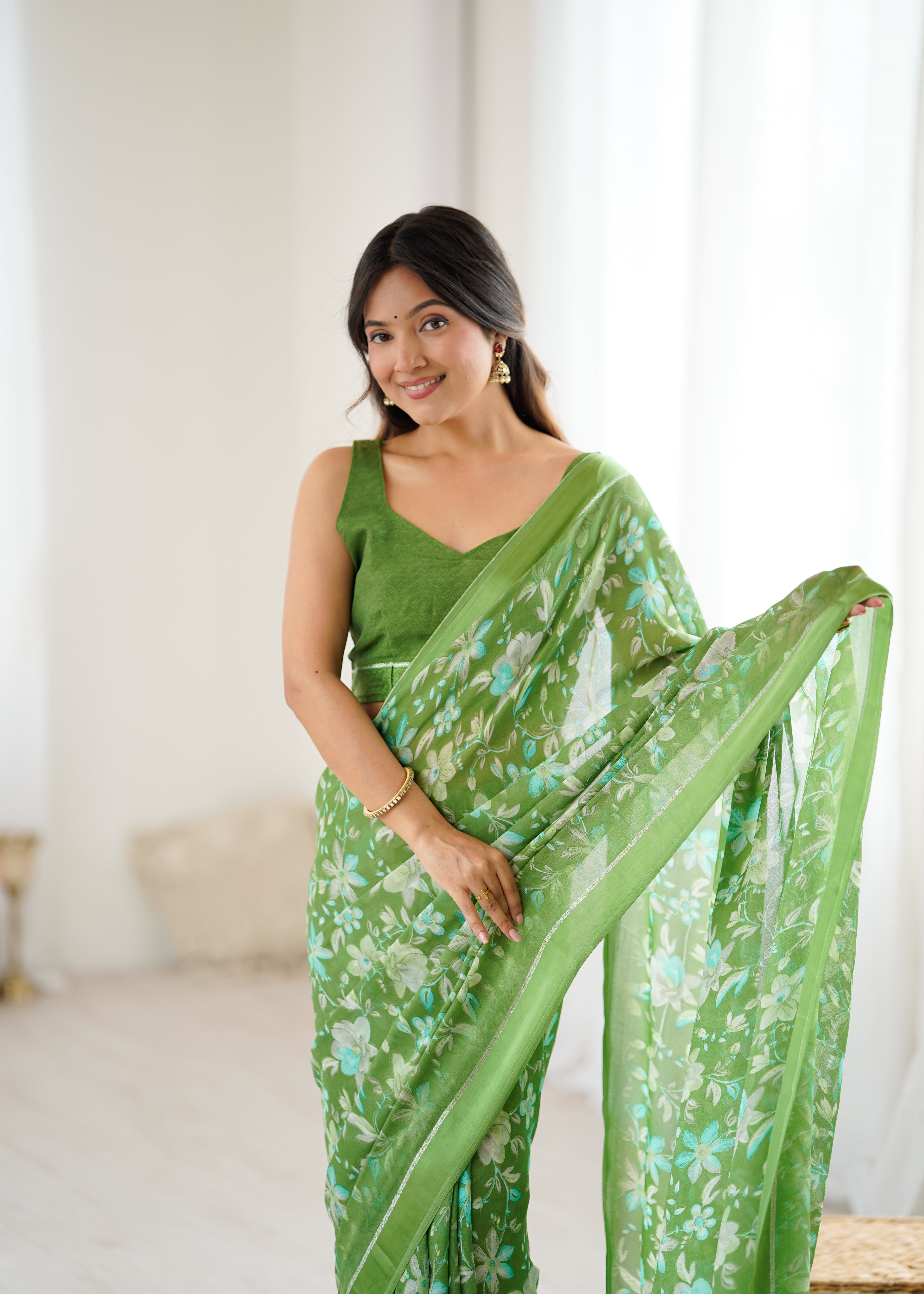SHYAMIKA Bright Satin Patta Digital Floral Printed Saree with Blouse