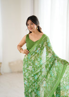 SHYAMIKA Bright Satin Patta Digital Floral Printed Saree with Blouse