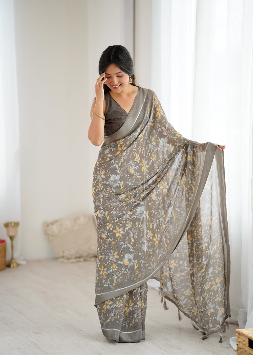 SHYAMIKA Bright Satin Patta Digital Floral Printed Saree with Blouse