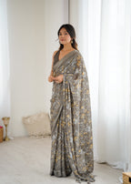 SHYAMIKA Bright Satin Patta Digital Floral Printed Saree with Blouse