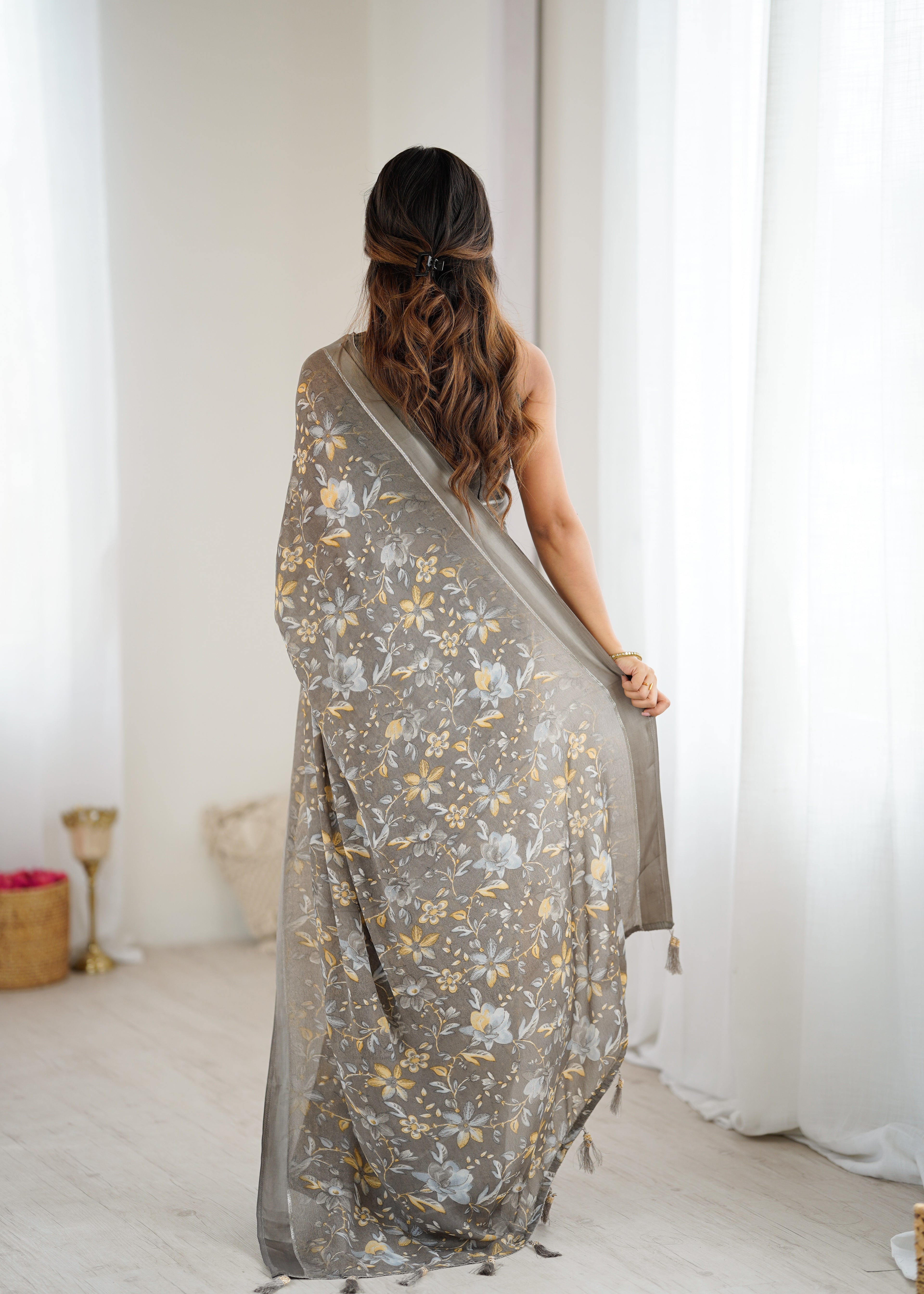 SHYAMIKA Bright Satin Patta Digital Floral Printed Saree with Blouse