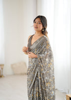 SHYAMIKA Bright Satin Patta Digital Floral Printed Saree with Blouse