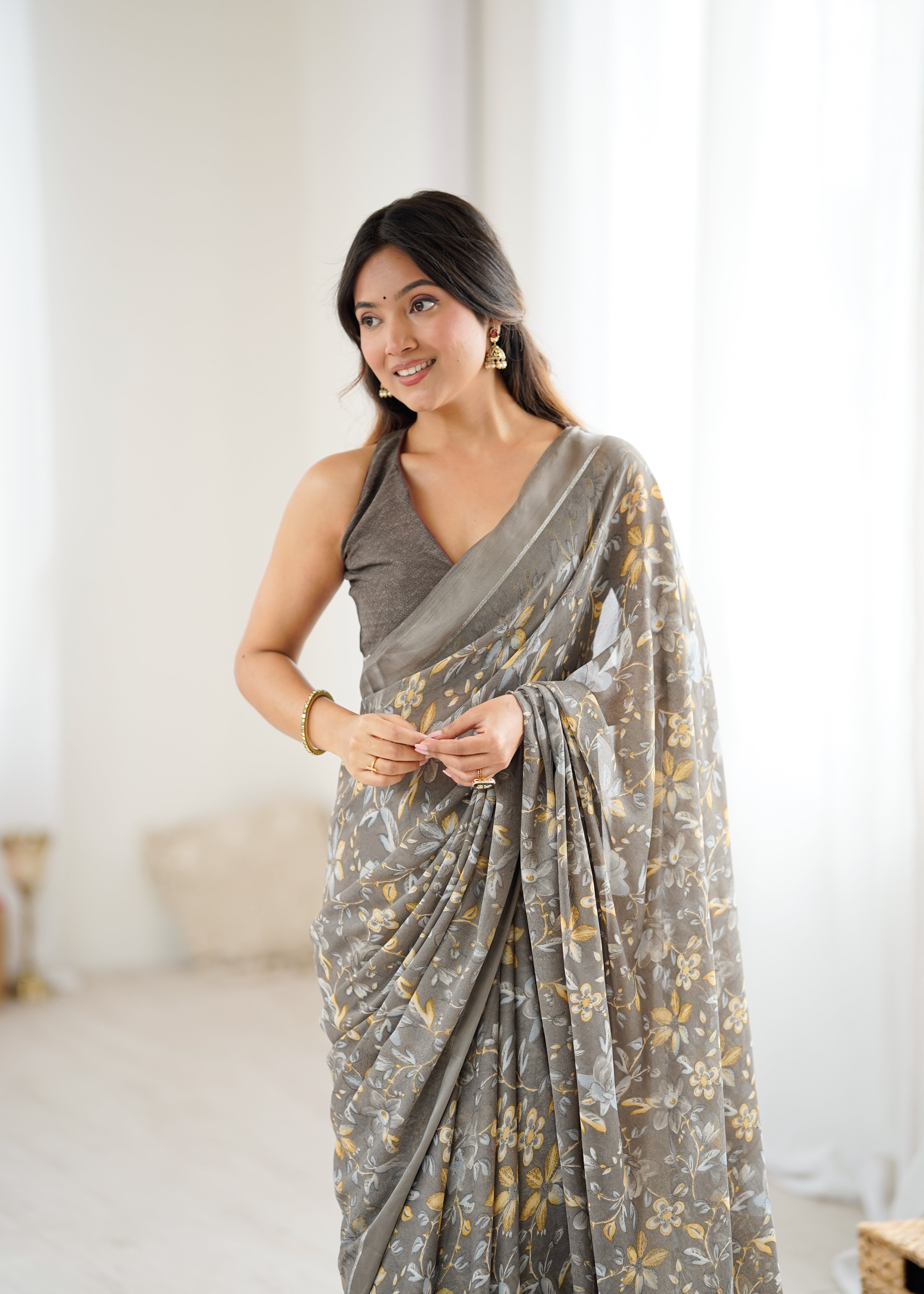 SHYAMIKA Bright Satin Patta Digital Floral Printed Saree with Blouse