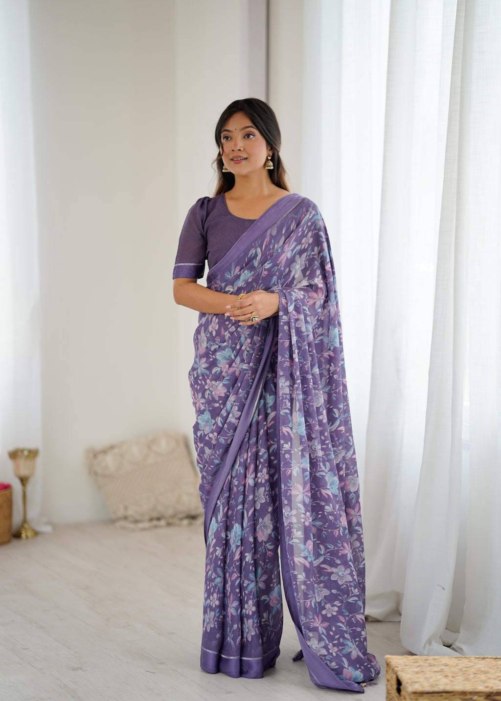 SHYAMIKA Bright Satin Patta Digital Floral Printed Saree with Blouse
