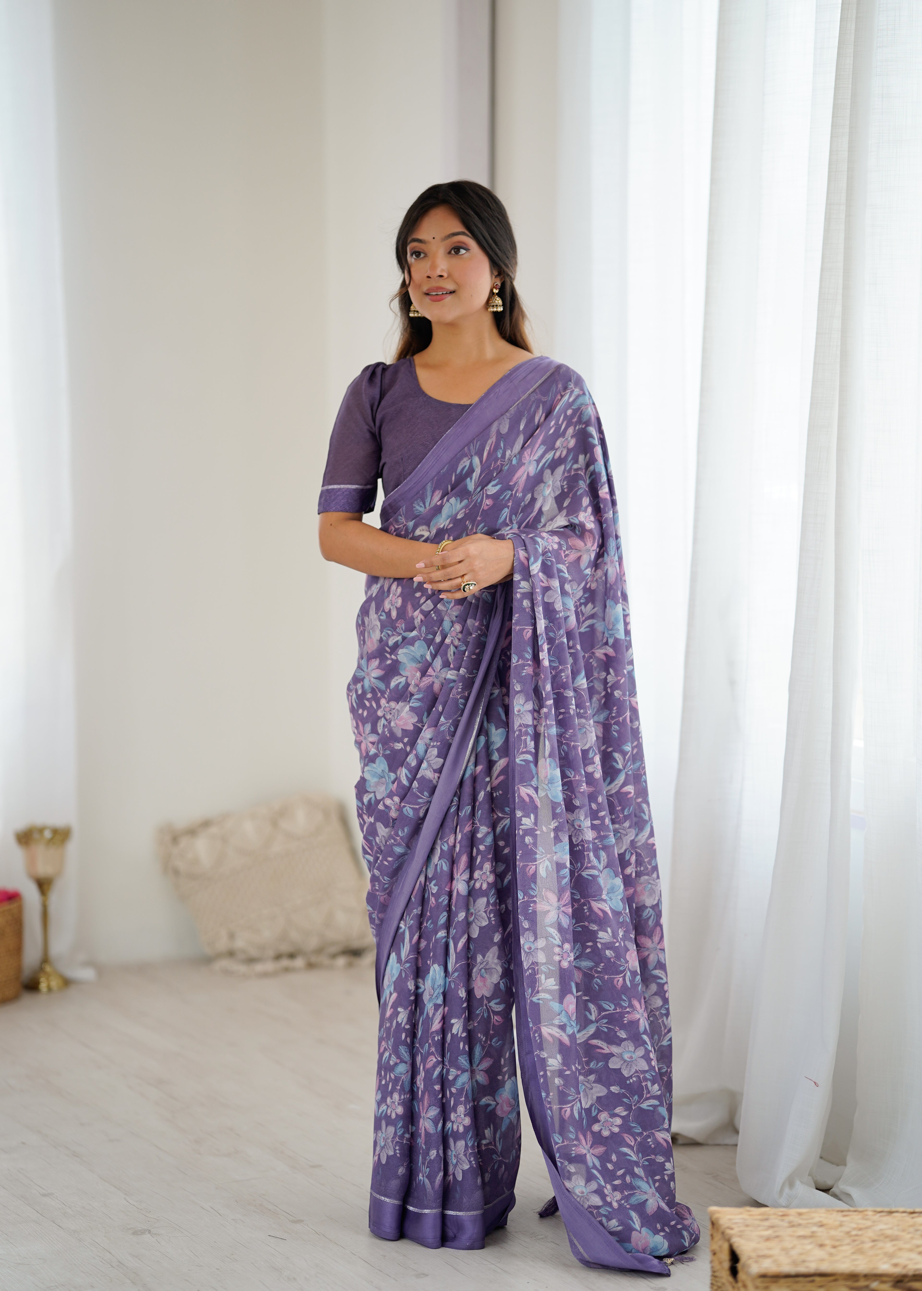 SHYAMIKA Bright Satin Patta Digital Floral Printed Saree with Blouse