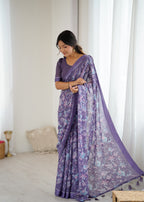 SHYAMIKA Bright Satin Patta Digital Floral Printed Saree with Blouse