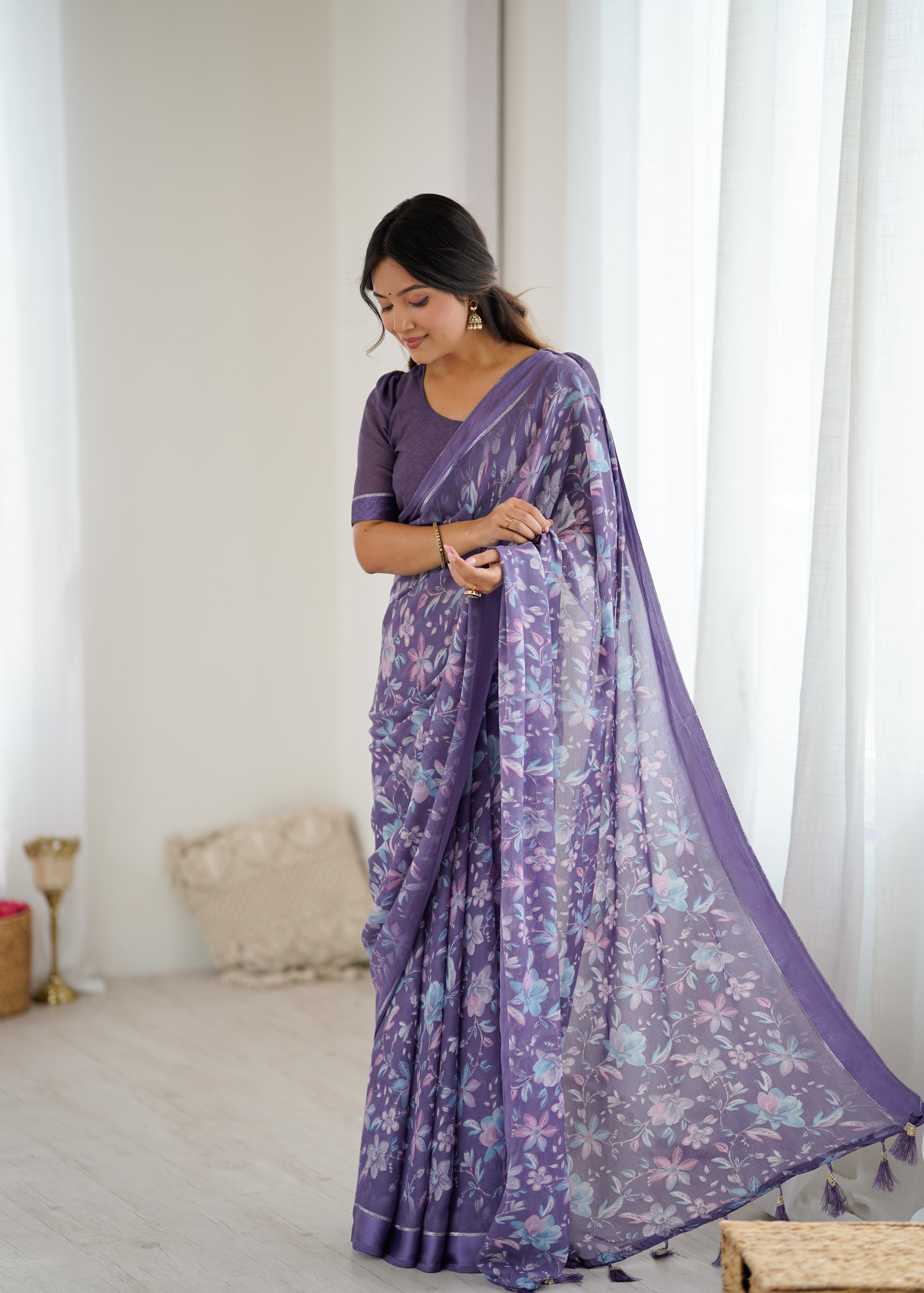 SHYAMIKA Bright Satin Patta Digital Floral Printed Saree with Blouse