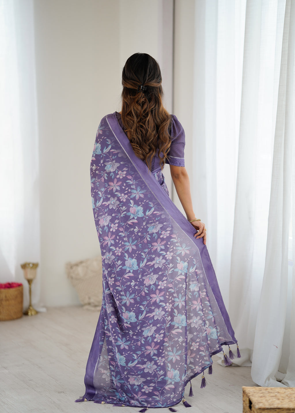 SHYAMIKA Bright Satin Patta Digital Floral Printed Saree with Blouse
