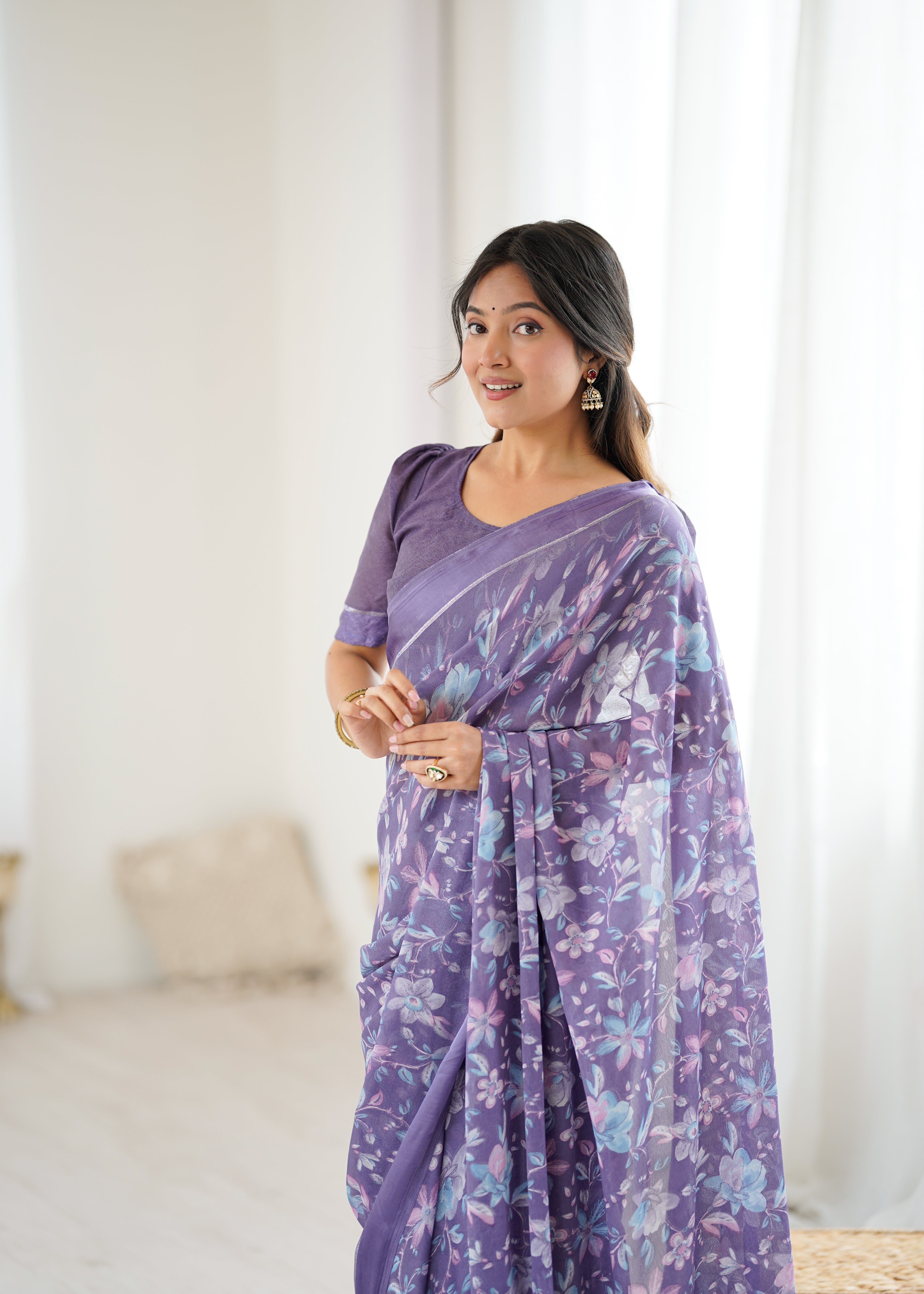 SHYAMIKA Bright Satin Patta Digital Floral Printed Saree with Blouse