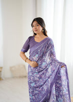 SHYAMIKA Bright Satin Patta Digital Floral Printed Saree with Blouse