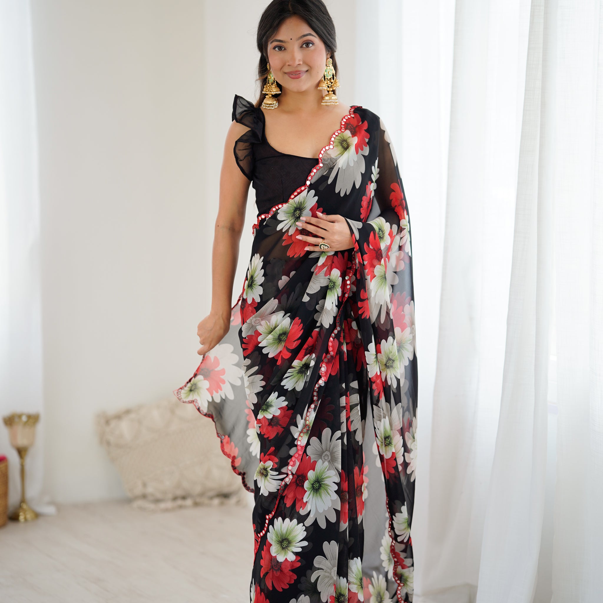 SHYAMIKA Georgette Floral Printed Saree with Mirror Work & Blouse