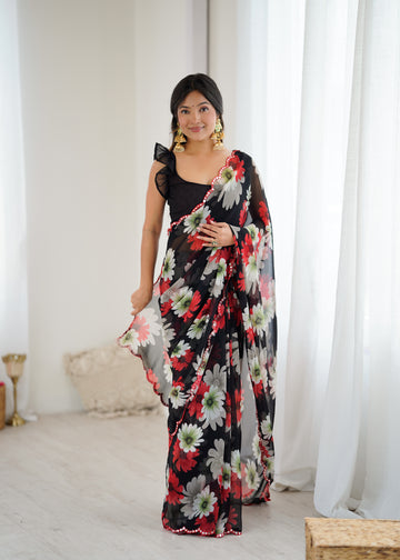 SHYAMIKA Georgette Floral Printed Saree with Mirror Work & Blouse
